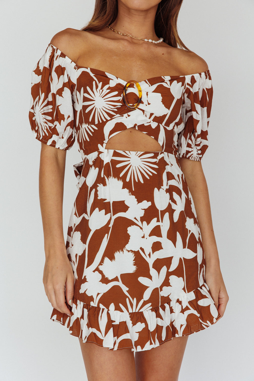 Palm Beach Puff Sleeve Dress Printed Tan by Selfie Leslie