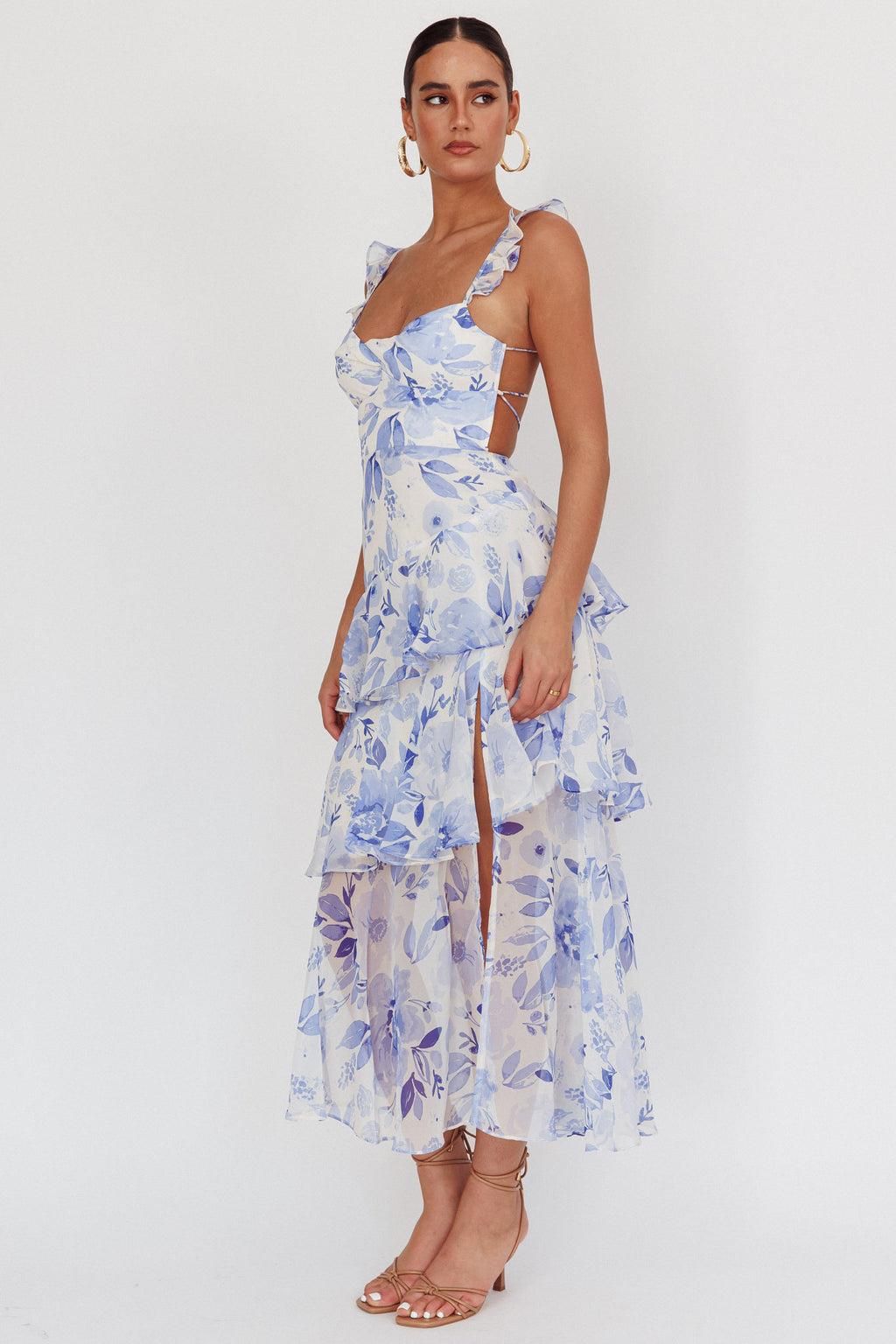 Veda Strappy Back Ruffle Maxi Dress Flowers Blue by Selfie Leslie