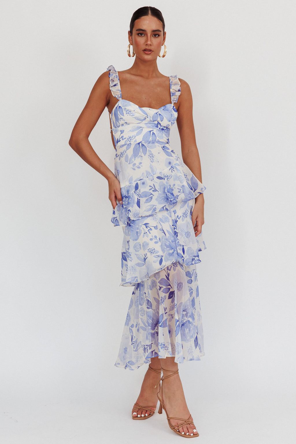 Veda Strappy Back Ruffle Maxi Dress Flowers Blue by Selfie Leslie