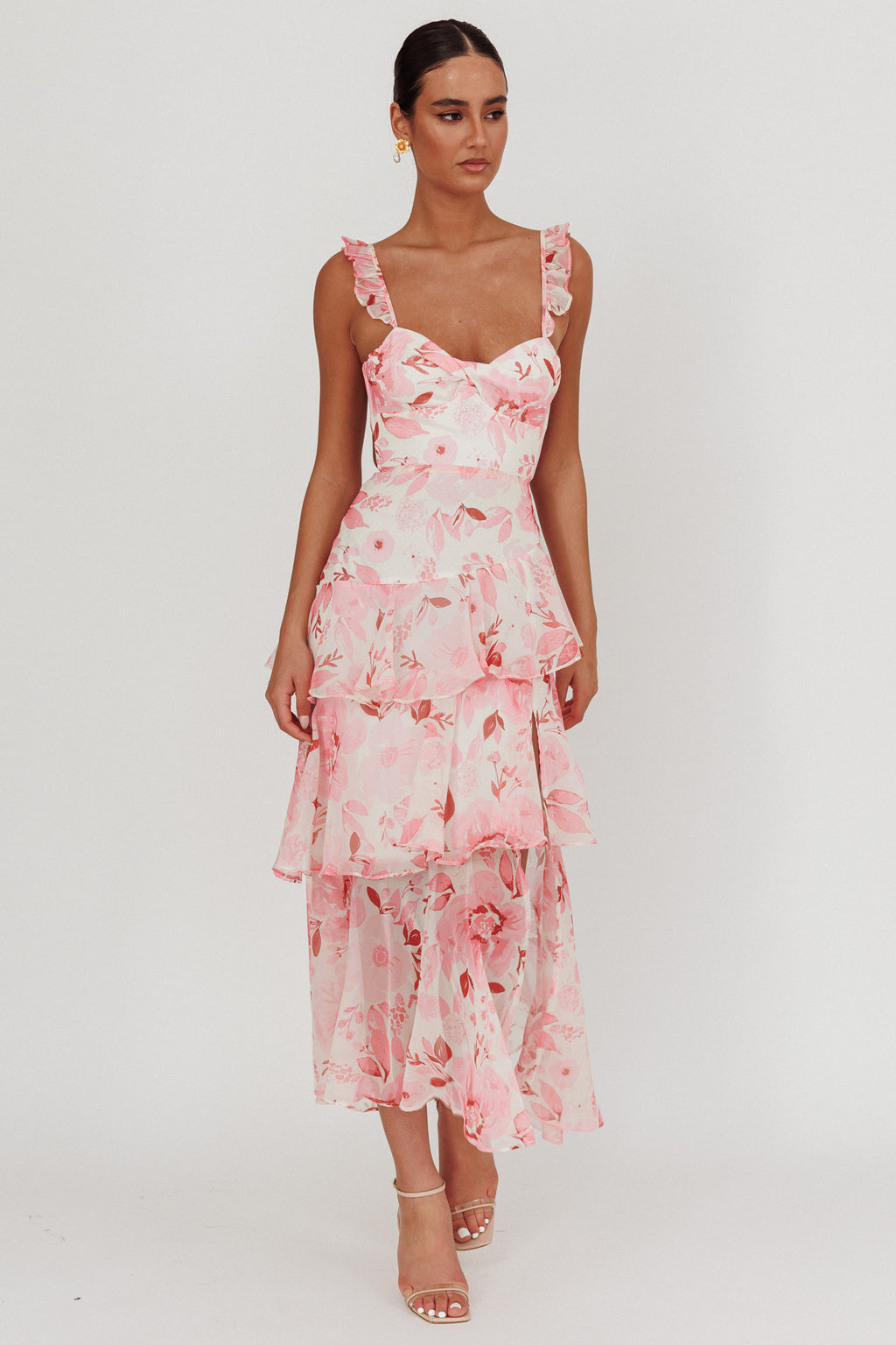 Veda Strappy Back Ruffle Maxi Dress Flowers Blush XL