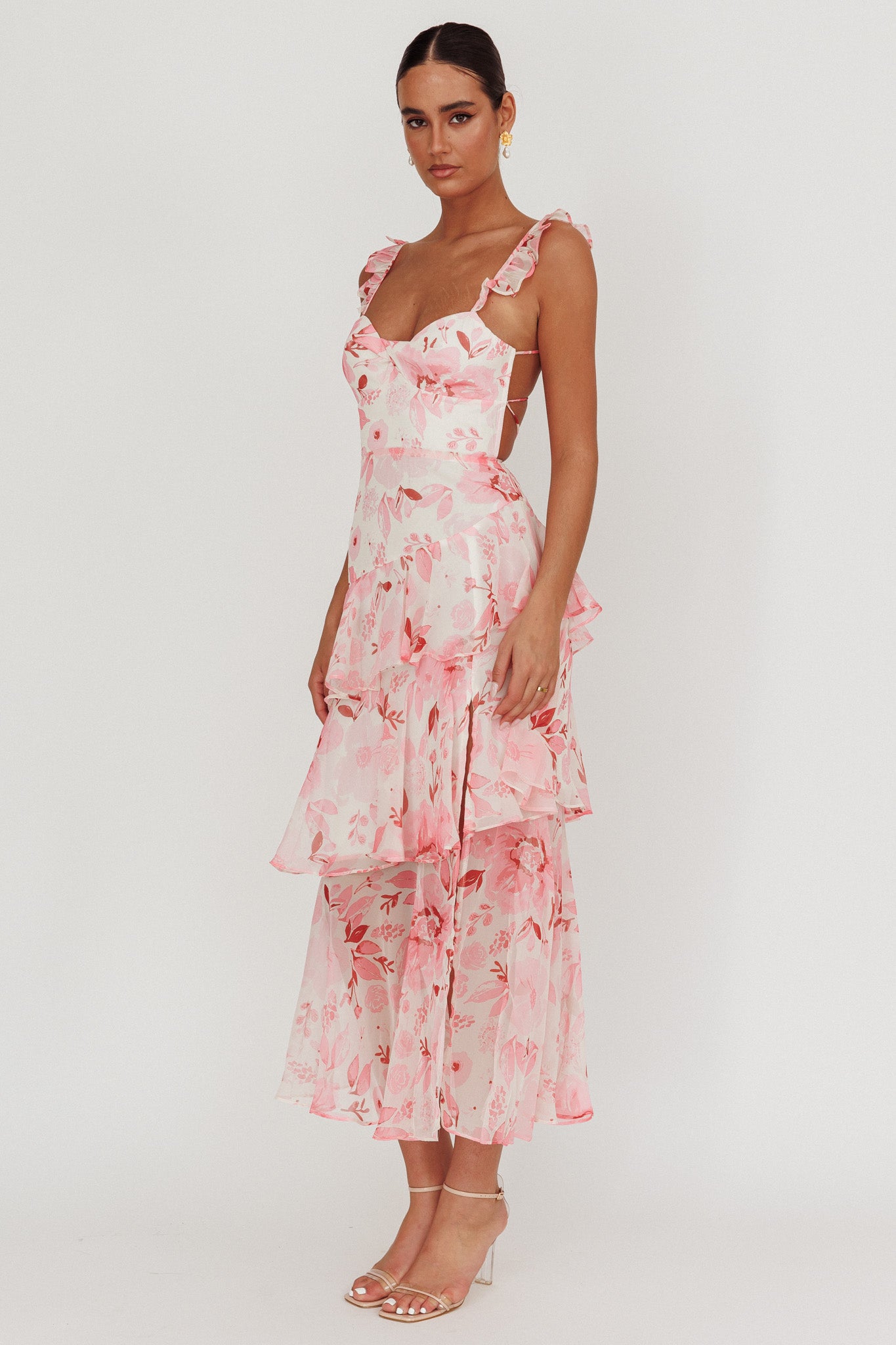 Veda Strappy Back Ruffle Maxi Dress Flowers Blush by Selfie Leslie