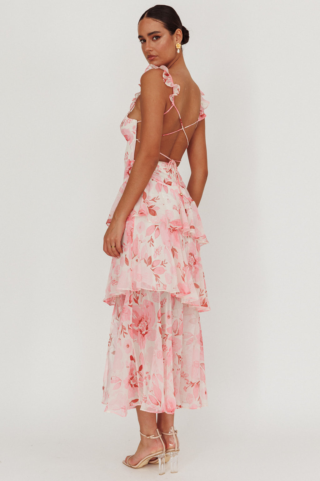 Veda Strappy Back Ruffle Maxi Dress Flowers Blush by Selfie Leslie
