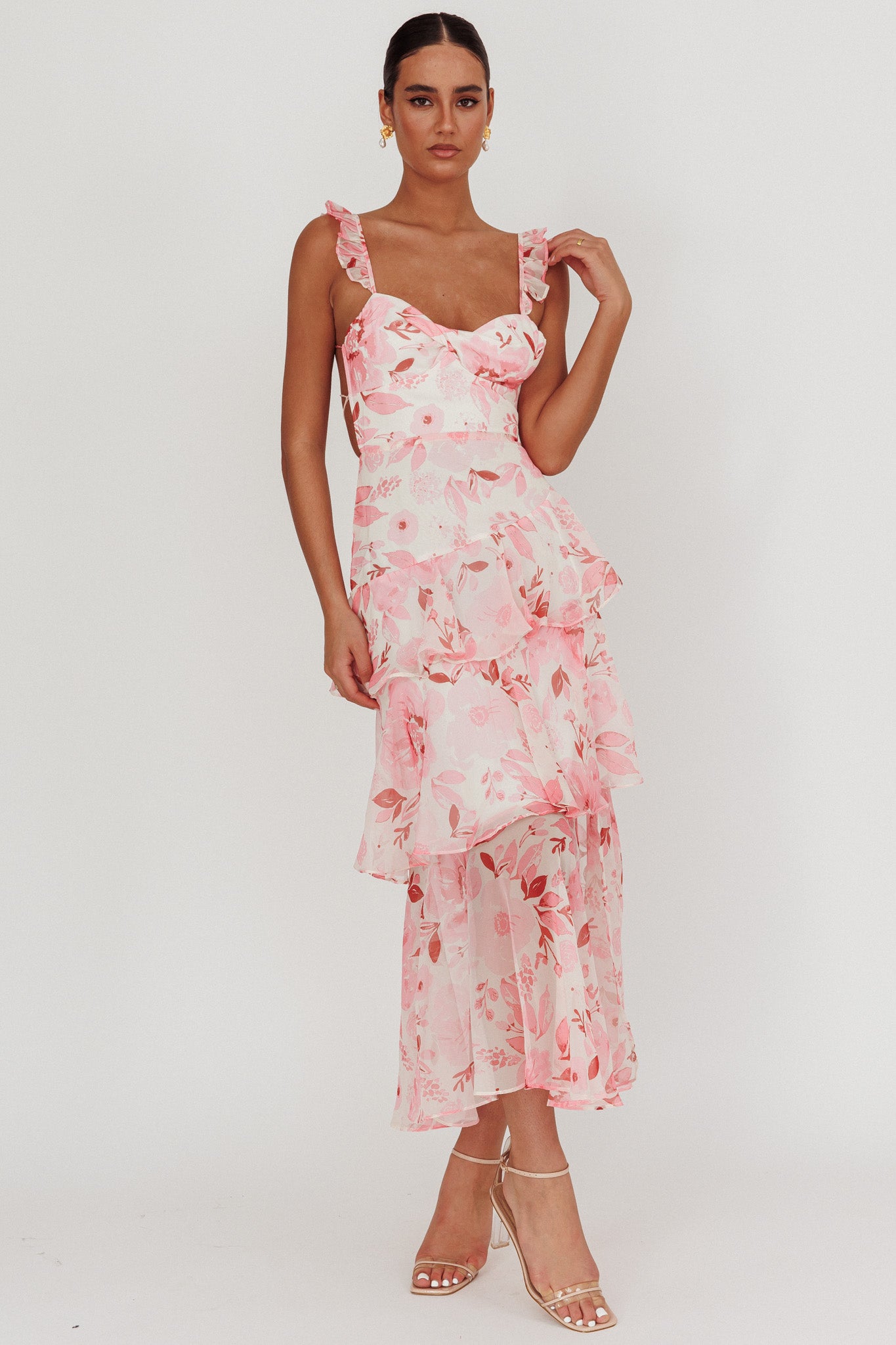 Veda Strappy Back Ruffle Maxi Dress Flowers Blush by Selfie Leslie
