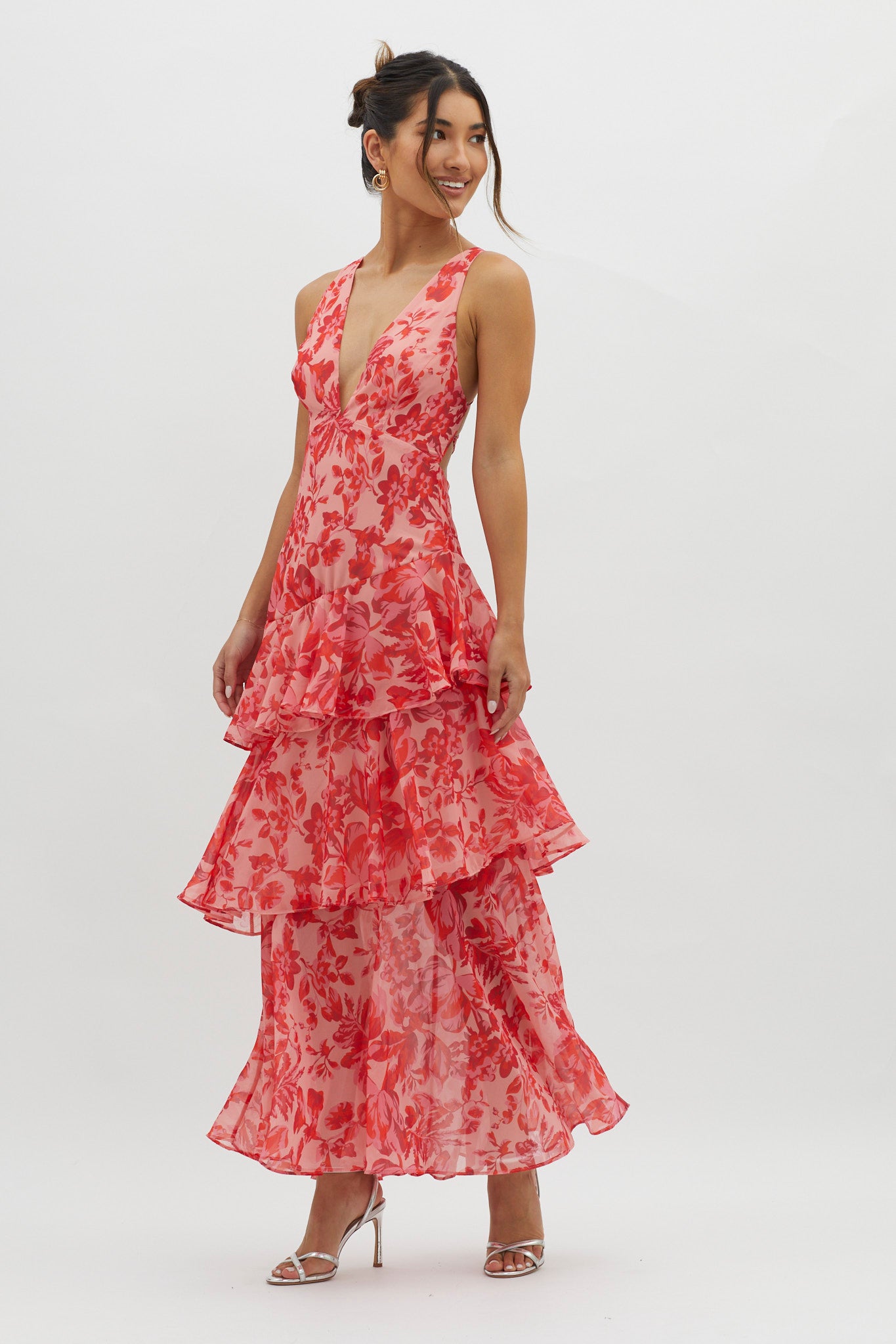 Shop the Veda Strappy Back Ruffle Midi Dress Floral Red