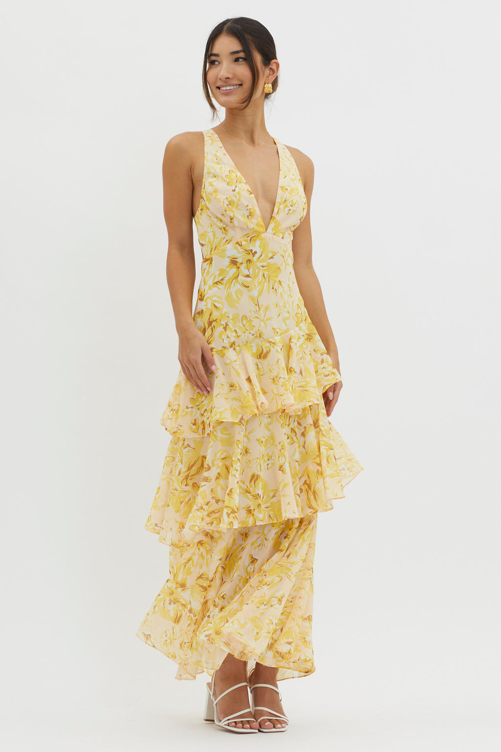 Veda Strappy Back Ruffle Midi Dress Floral Yellow by Selfie Leslie