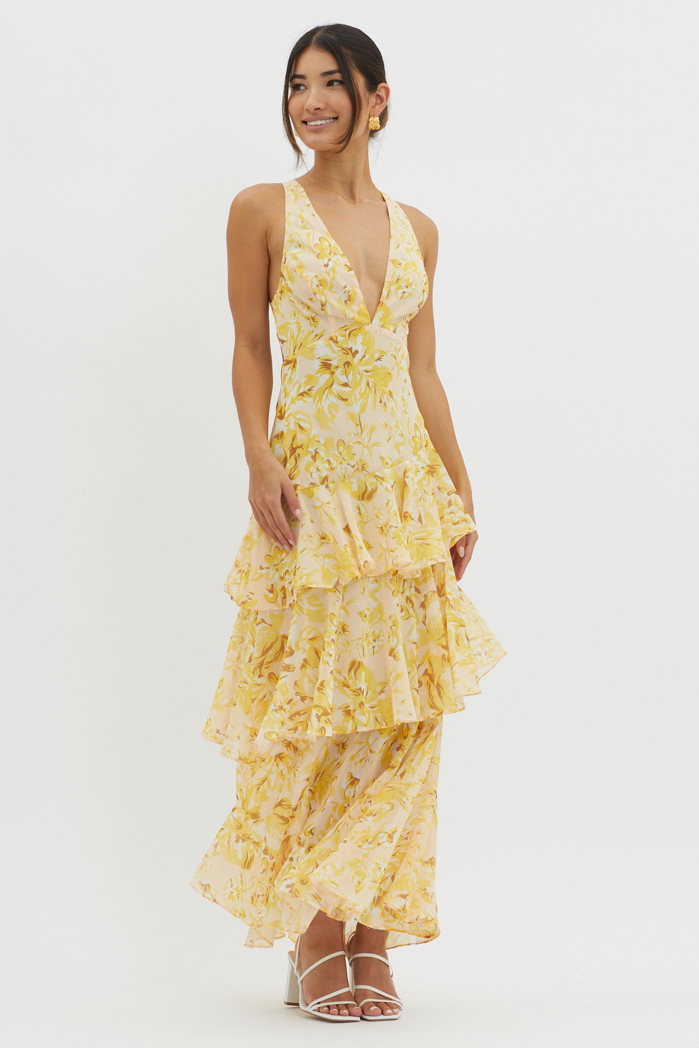 Shop the Veda Strappy Back Ruffle Midi Dress Floral Yellow