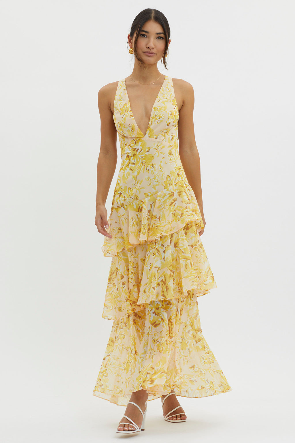 Veda Strappy Back Ruffle Midi Dress Floral Yellow by Selfie Leslie