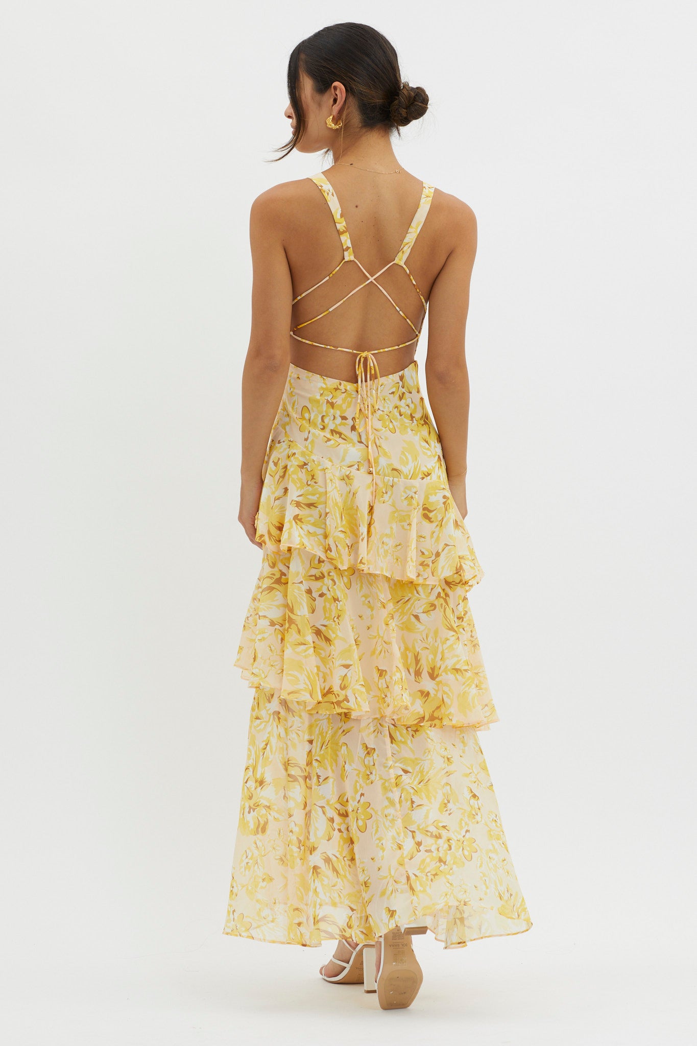 Veda Strappy Back Ruffle Midi Dress Floral Yellow by Selfie Leslie