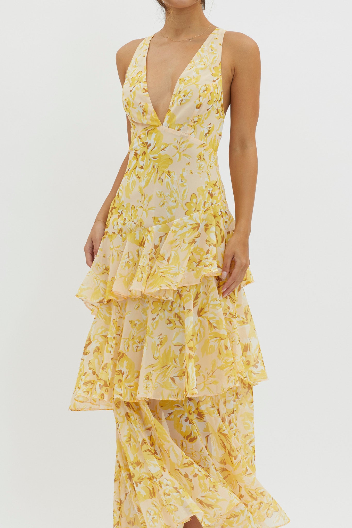 Veda Strappy Back Ruffle Midi Dress Floral Yellow by Selfie Leslie