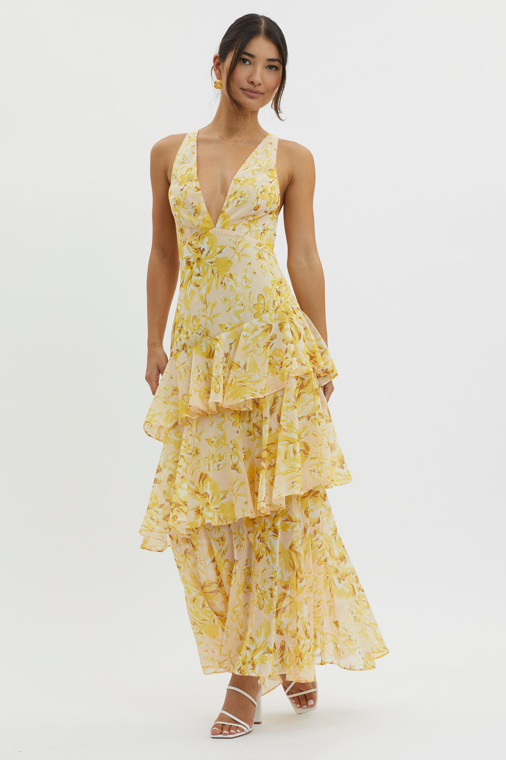 veda strappy back ruffle chiffon maxi dress white Selfie Leslie White Maxi Ruffle Dress Veda Strappy Back Ruffle Chiffon Maxi Dress White