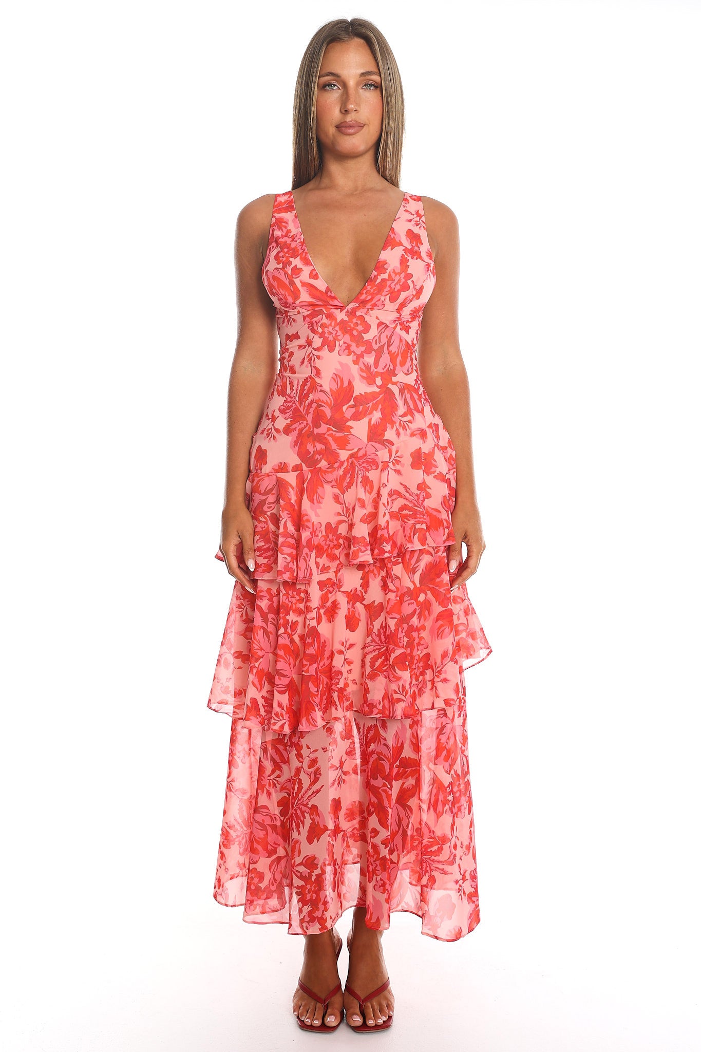 Veda Strappy Back Ruffle Midi Dress Floral Red | Selfie Leslie