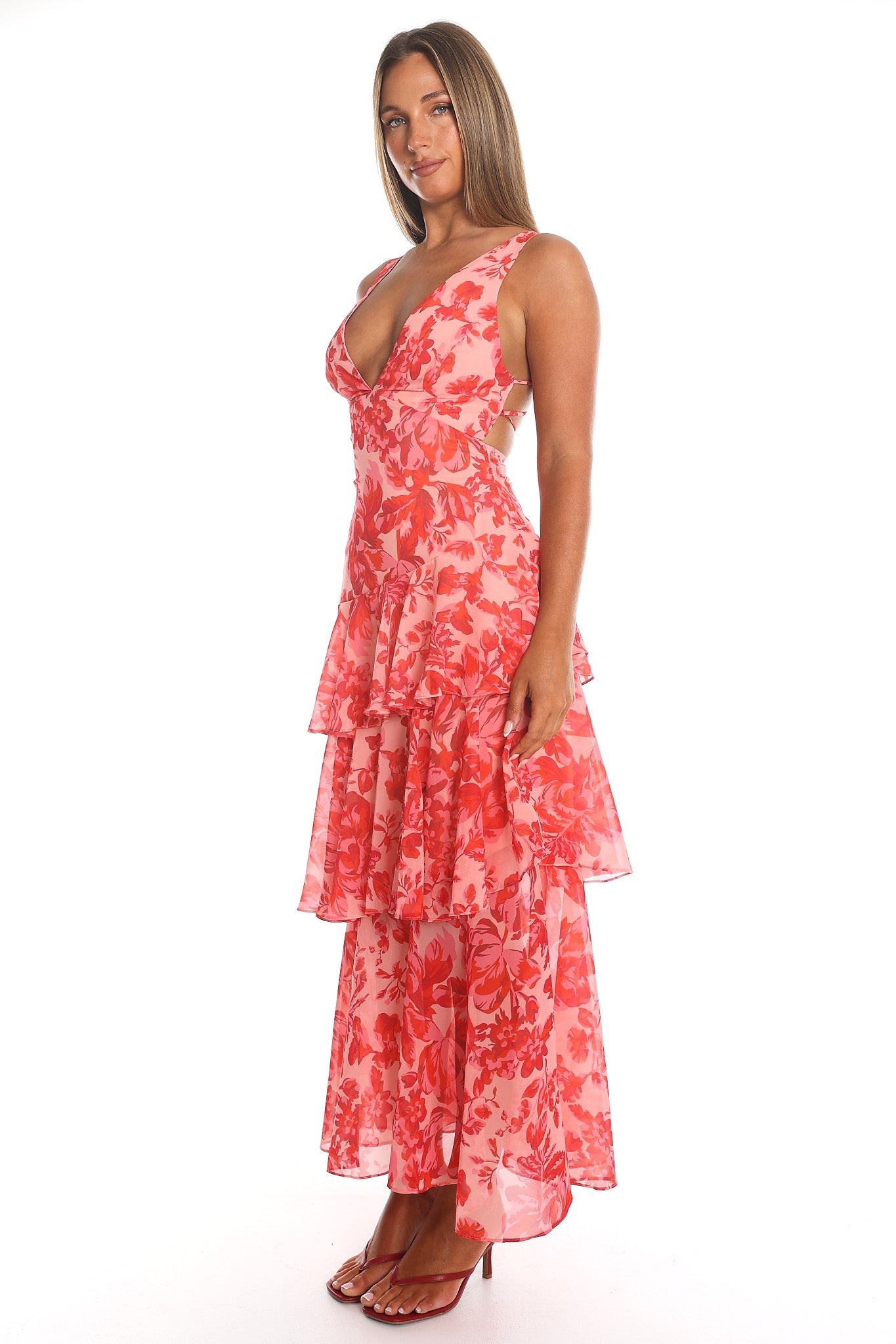 veda strappy back ruffle midi dress floral red Remi Dark Coral Linen its fit for a black leather lace shoes Color:Levandula