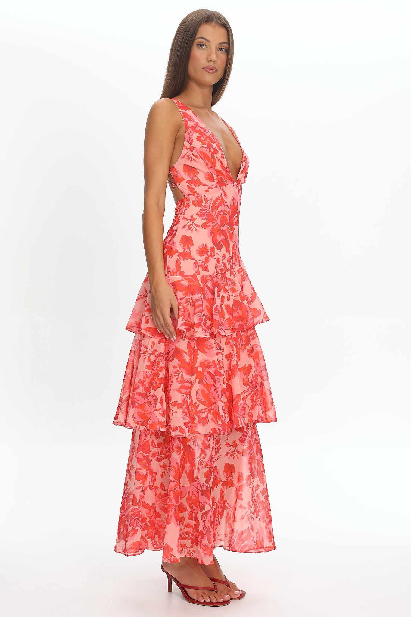 Veda Strappy Back Ruffle Midi Dress Floral Red - L Veda Strappy Back Ruffle Midi Dress Floral Red - L