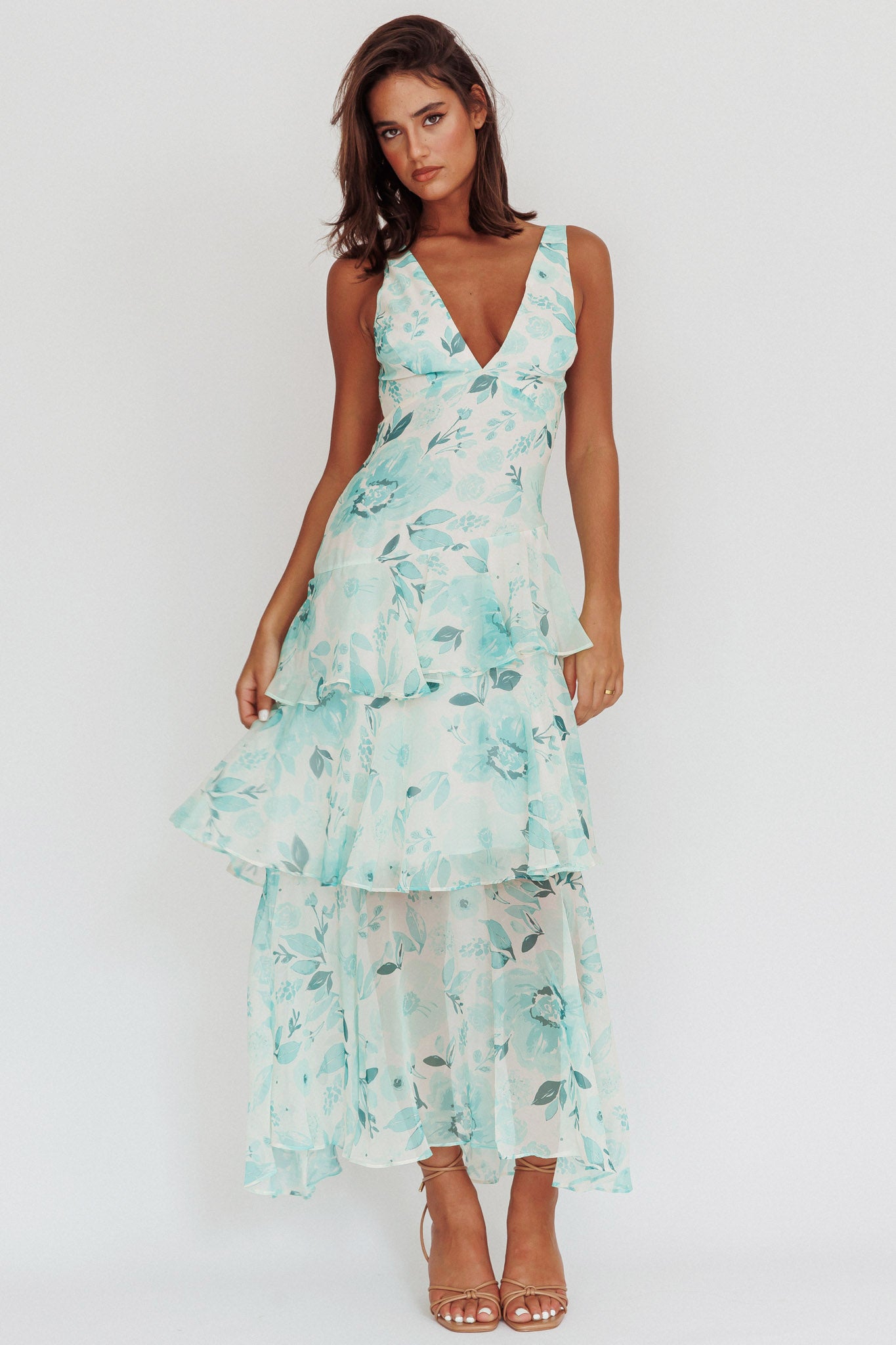 Veda Strappy Back Ruffle Maxi Dress Floral Green by Selfie Leslie