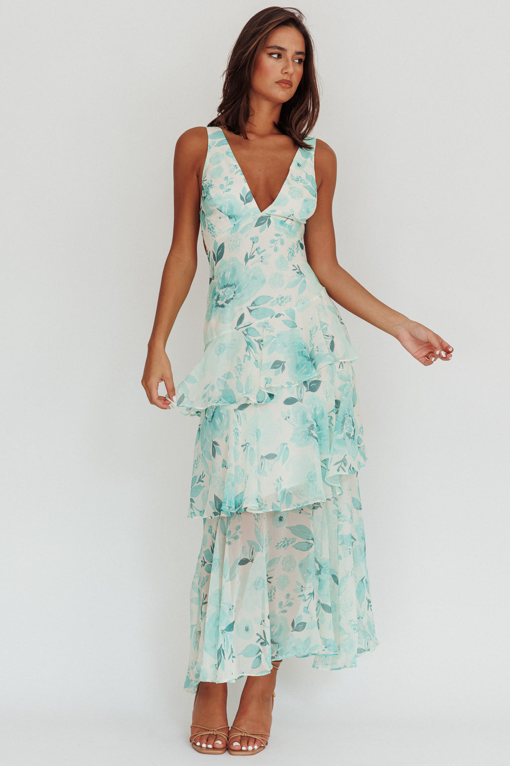 Veda Strappy Back Ruffle Maxi Dress Floral Green by Selfie Leslie