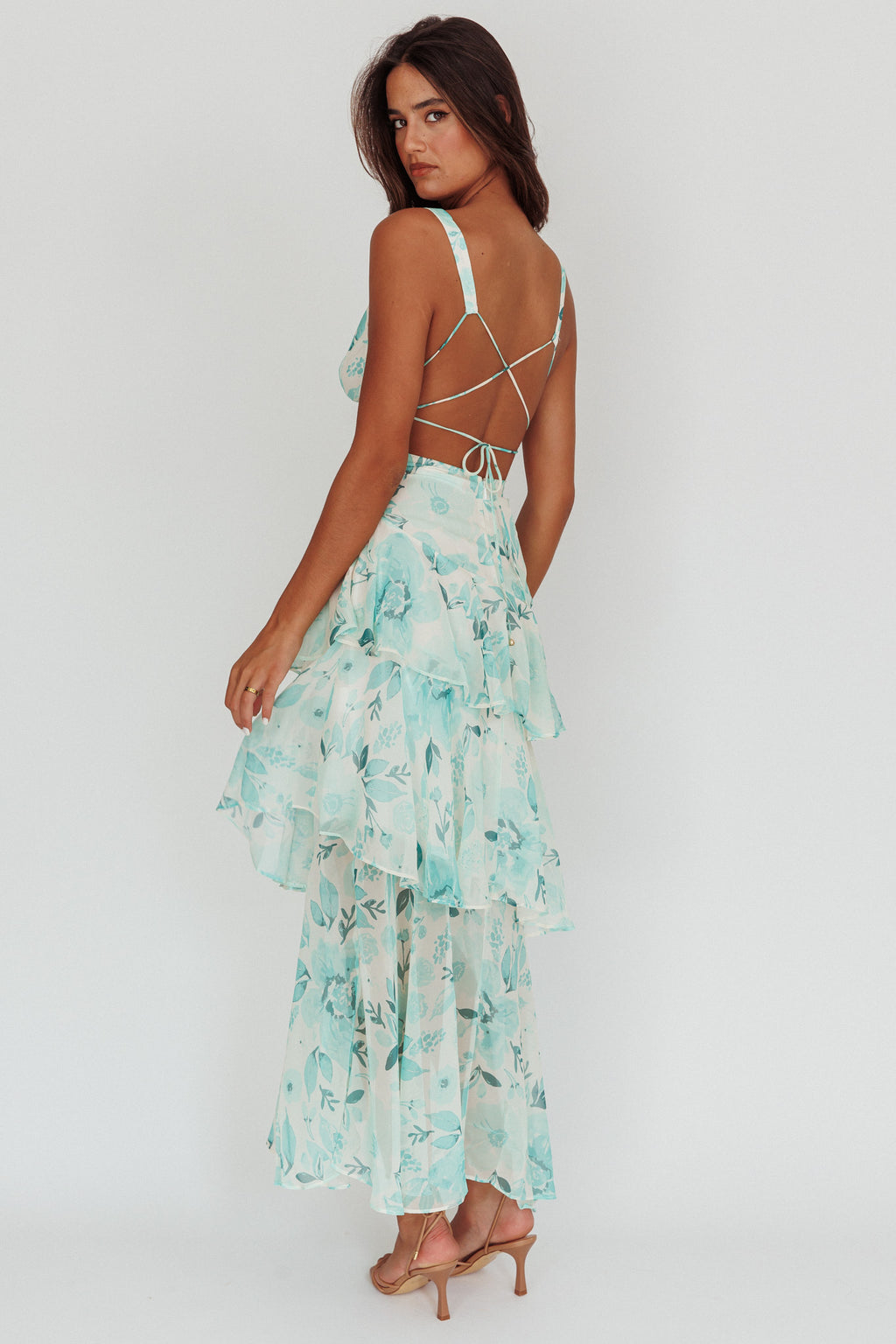 Veda Strappy Back Ruffle Maxi Dress Floral Green by Selfie Leslie
