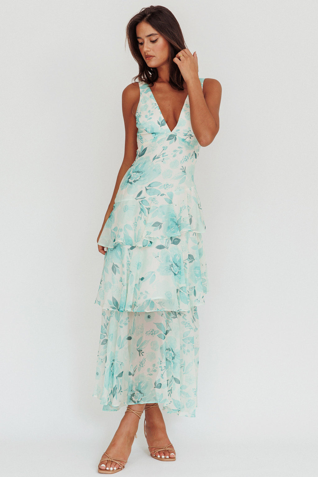 Veda Strappy Back Ruffle Maxi Dress Floral Green by Selfie Leslie