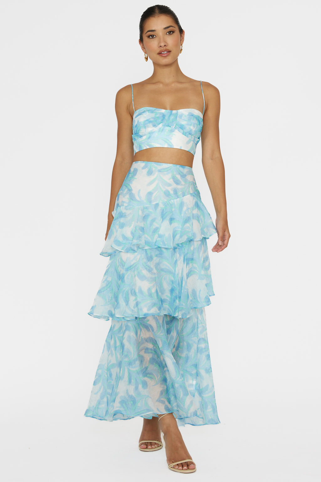 Veda Tiered Ruffle Maxi Skirt Floral Blue by Selfie Leslie