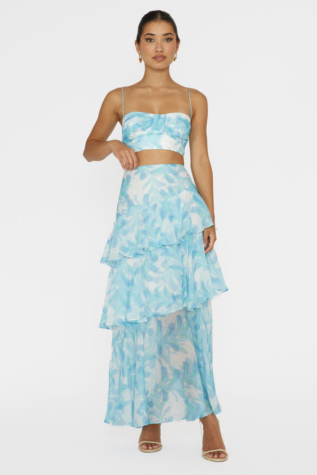 Veda Tiered Ruffle Maxi Skirt Floral Blue by Selfie Leslie