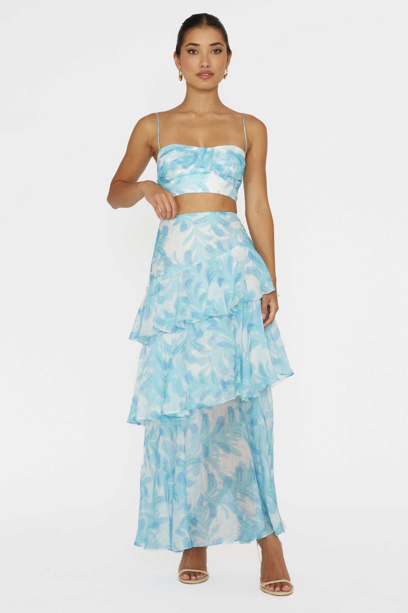 Veda Tiered Ruffle Maxi Skirt Floral Blue by Selfie Leslie