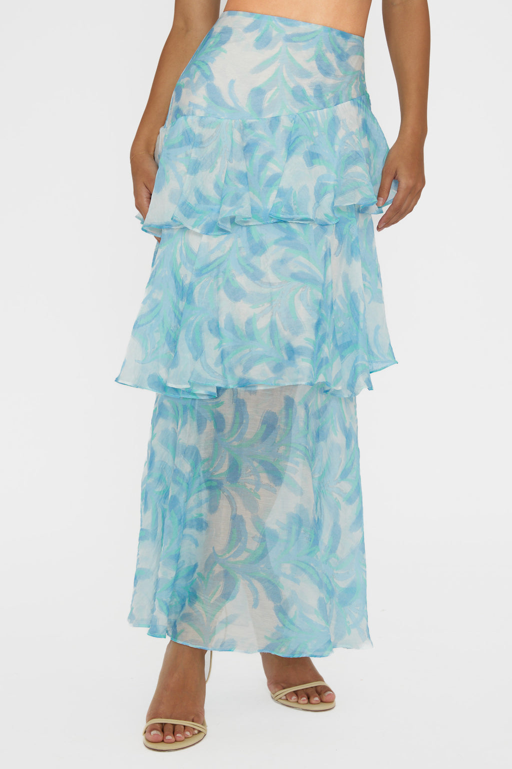 Veda Tiered Ruffle Maxi Skirt Floral Blue by Selfie Leslie