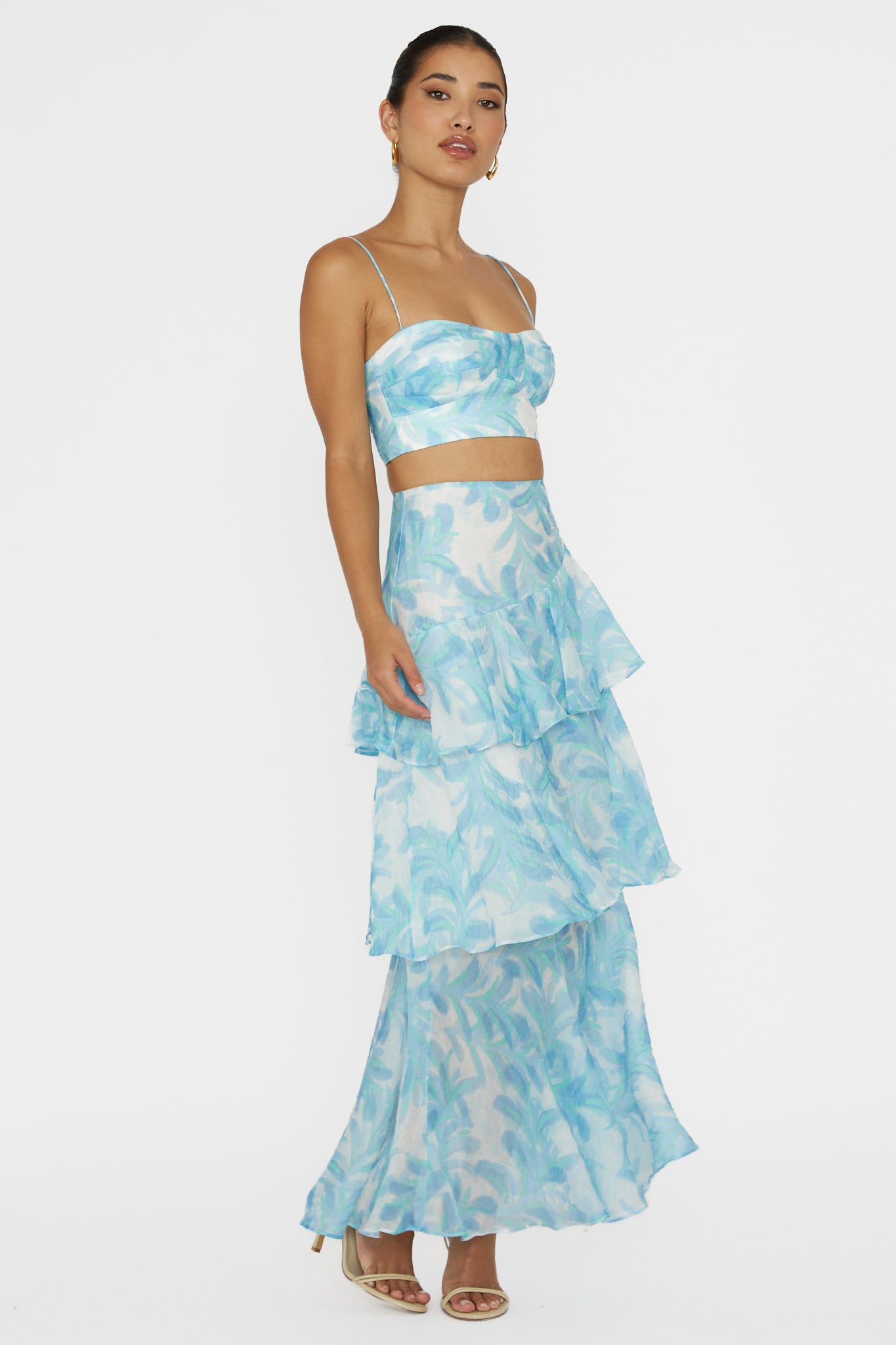 Veda Tiered Ruffle Maxi Skirt Floral Blue by Selfie Leslie