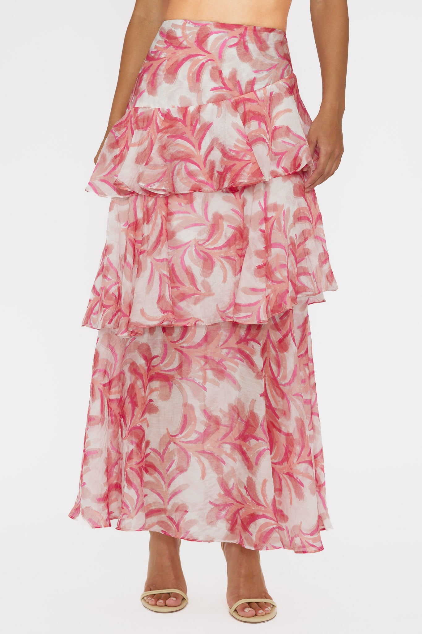 Shop the Veda Tiered Ruffle Maxi Skirt Floral Pink