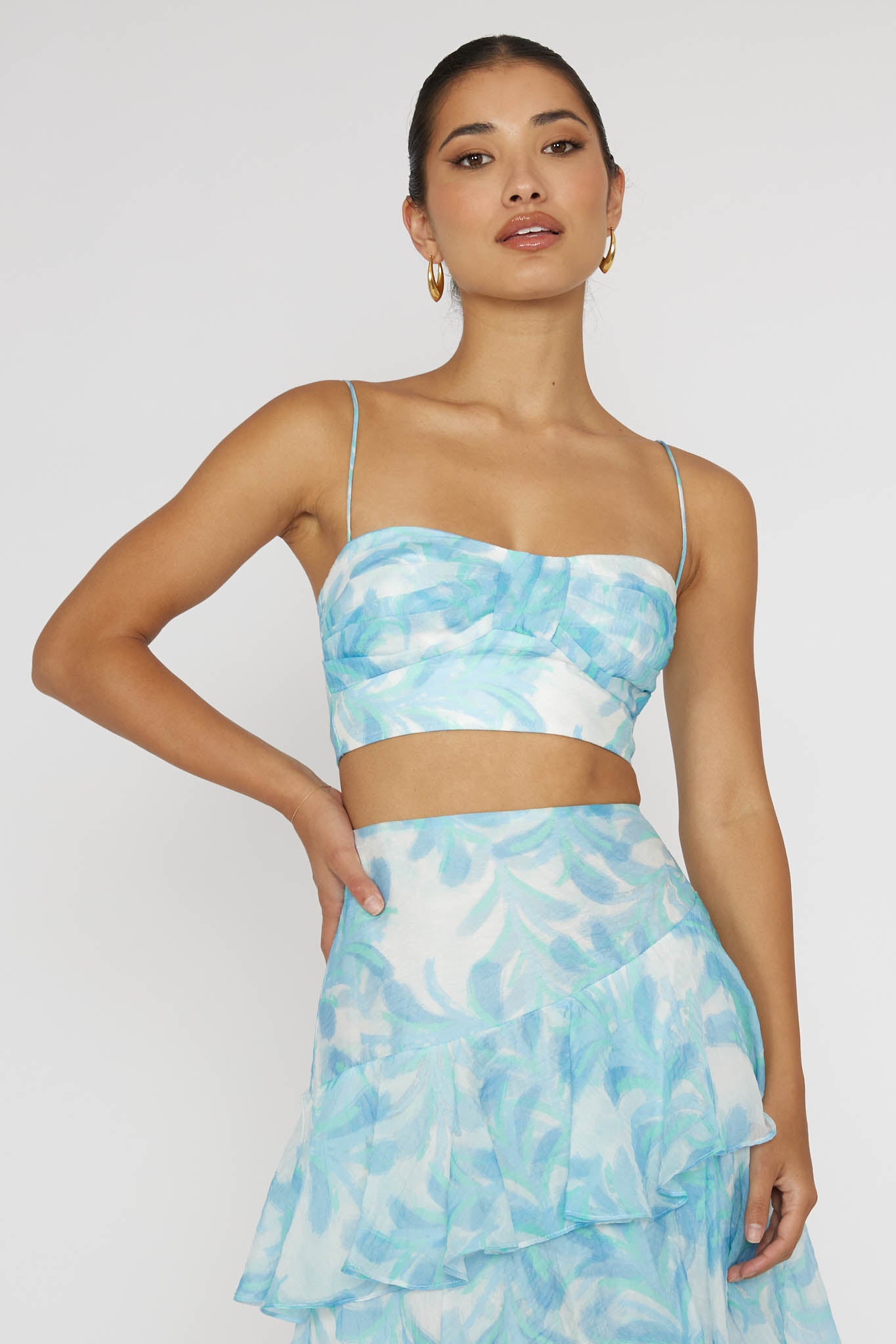 Veda Pleat Crop Top Floral Blue by Selfie Leslie