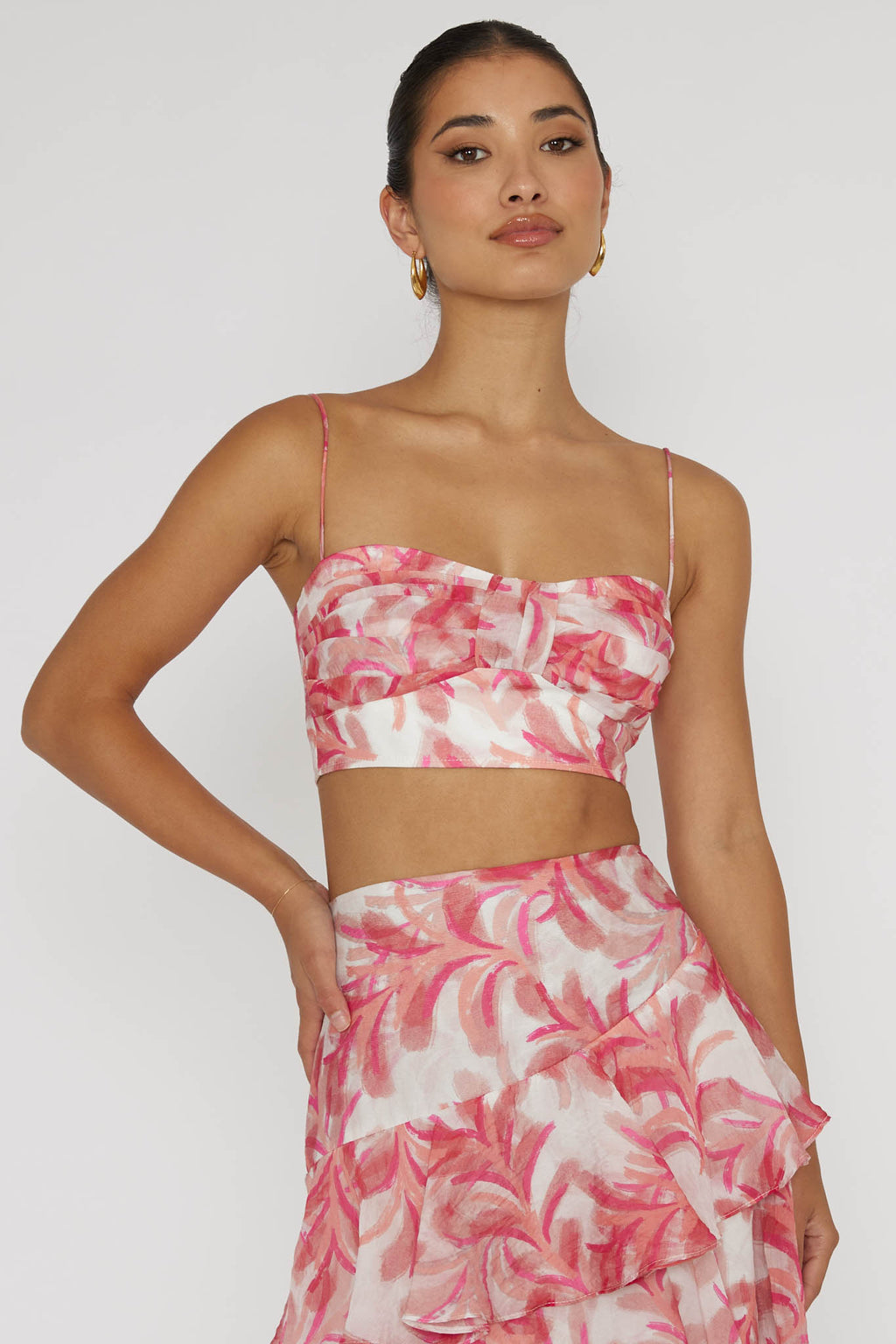 Veda Pleat Crop Top Floral Pink by Selfie Leslie