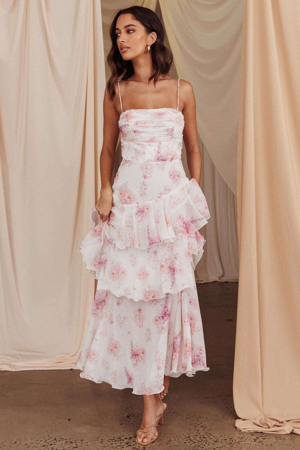 Veda Tiered Layer Midi Dress Floral Blush by Selfie Leslie