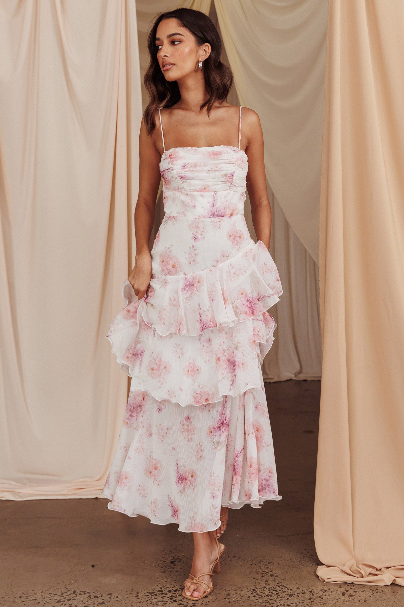 Veda Tiered Layer Midi Dress Floral Blush by Selfie Leslie