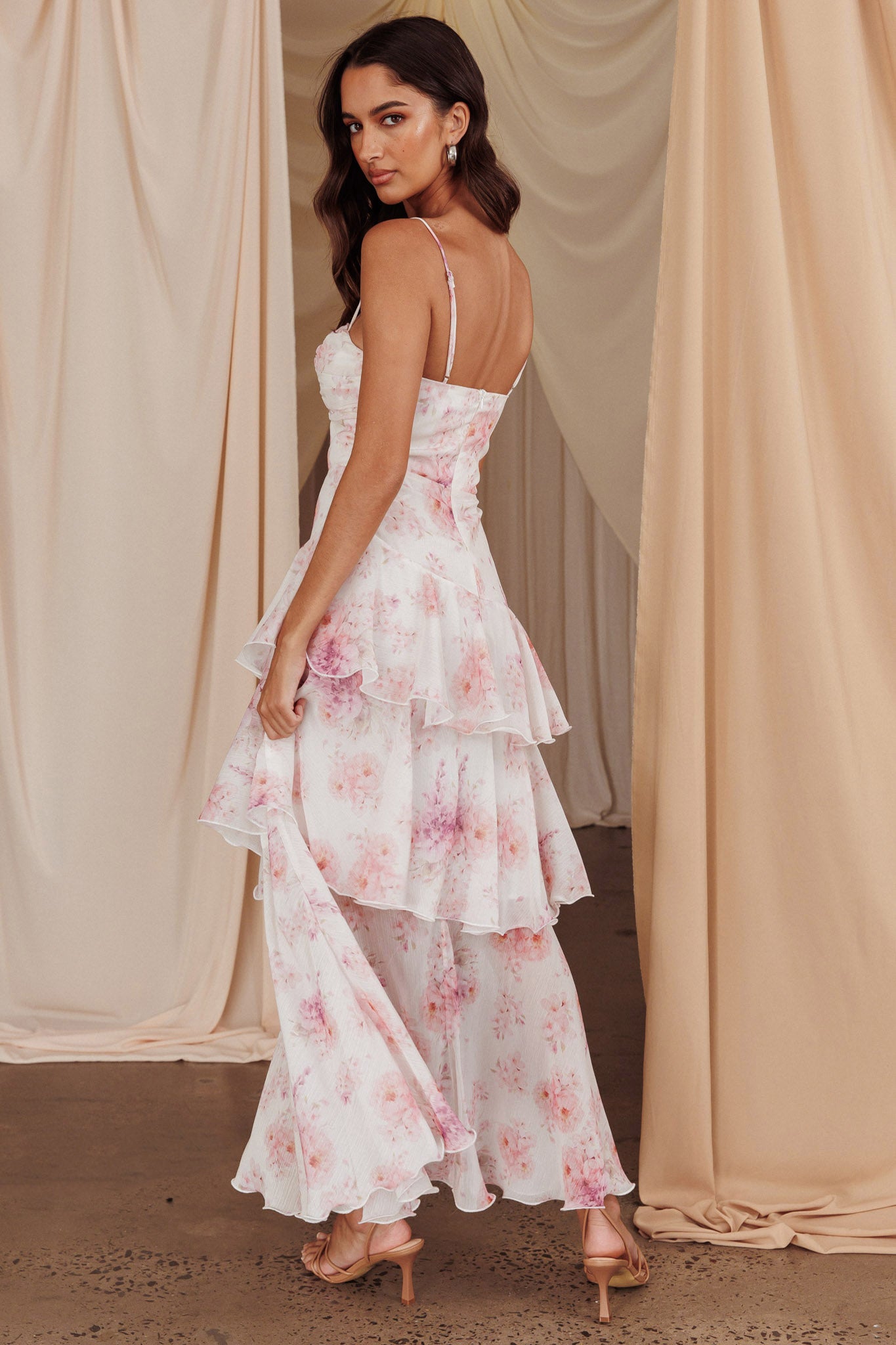 Veda Tiered Layer Midi Dress Floral Blush | Selfie Leslie Veda Tiered Layer Midi Dress Floral Blush | Selfie Leslie