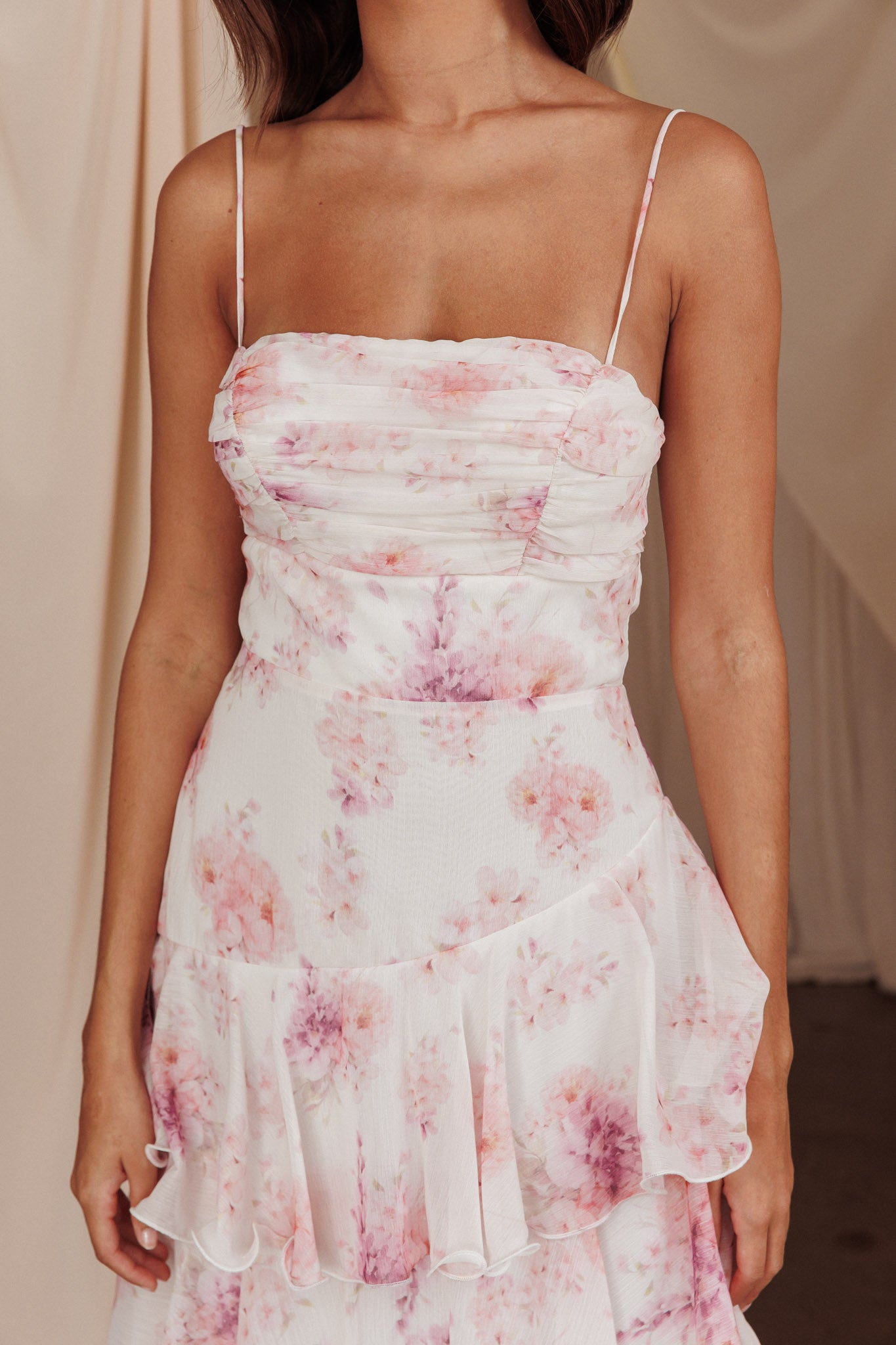 veda tiered layer midi dress floral blush Veda Tiered Layer Midi Dress Floral Blush