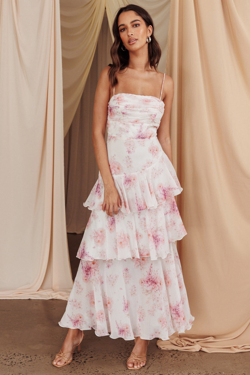 Veda Tiered Layer Midi Dress Floral Blush by Selfie Leslie