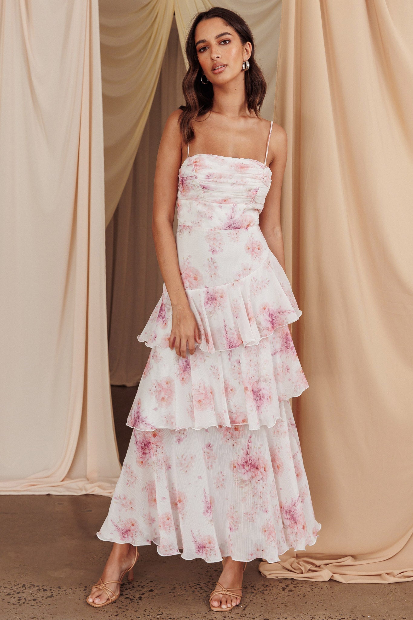 Veda Tiered Layer Midi Dress Floral Blush by Selfie Leslie
