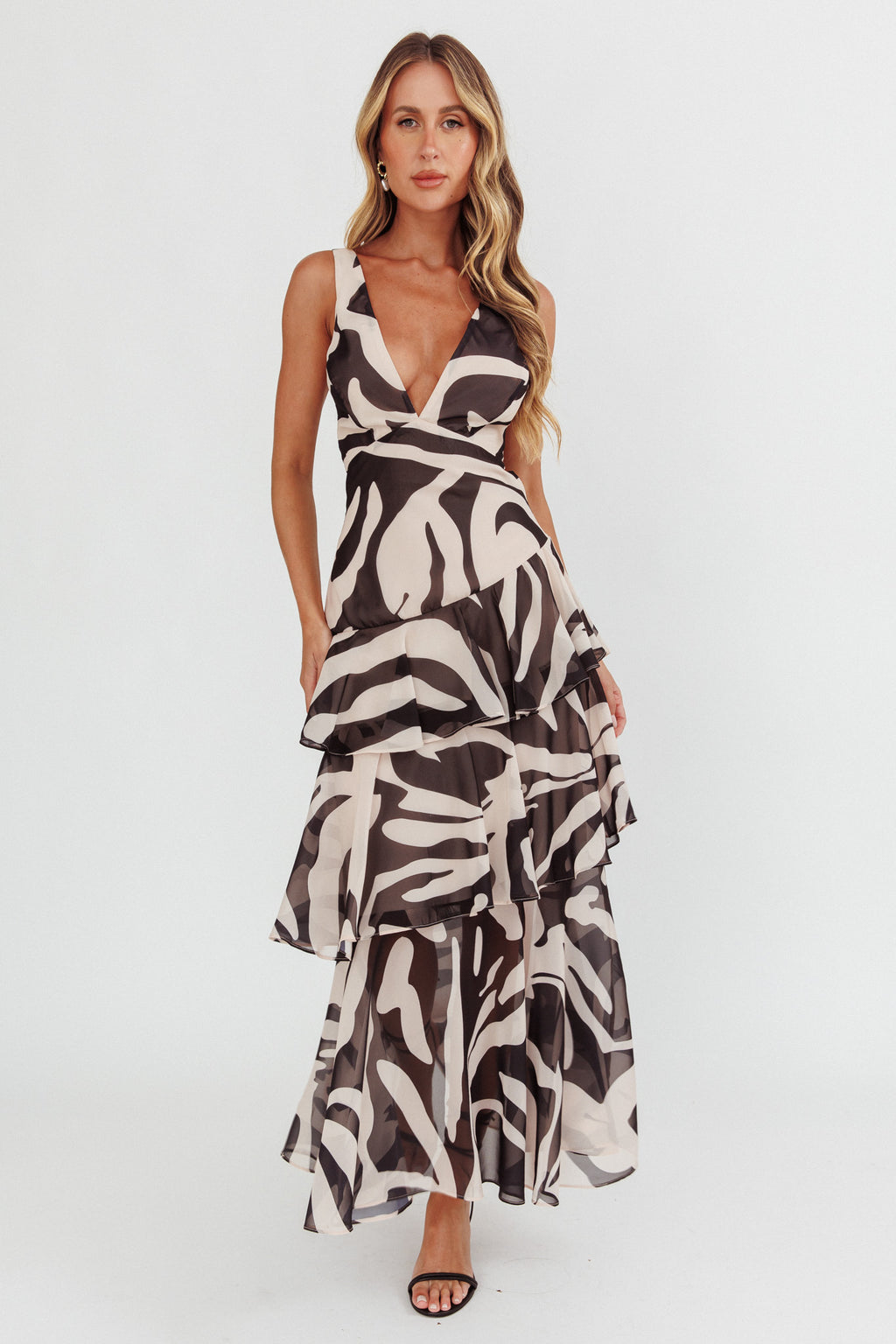 Veda Strappy Back Ruffle Maxi Dress Print Black by Selfie Leslie