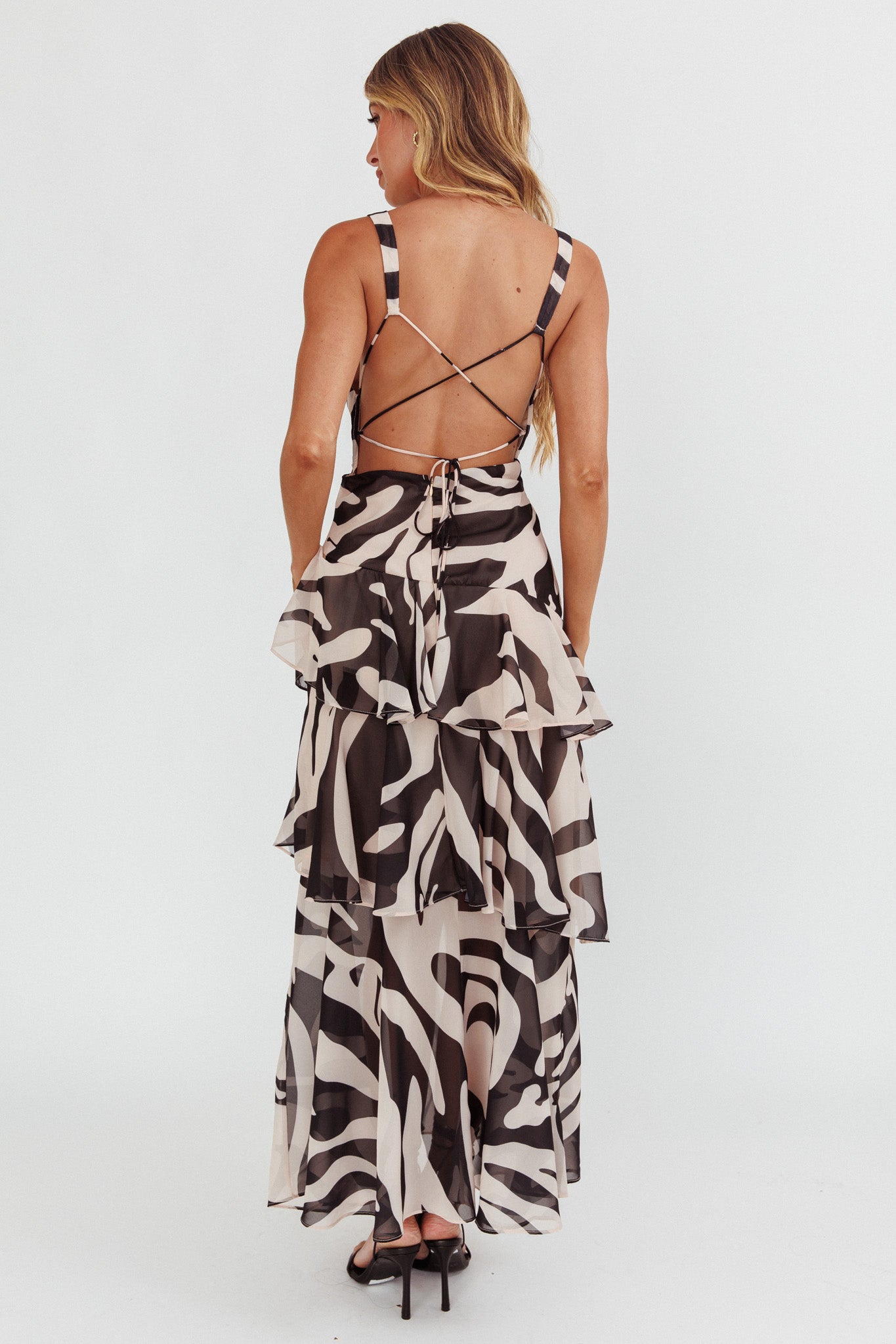 Shop the Veda Strappy Back Ruffle Maxi Dress Print Black