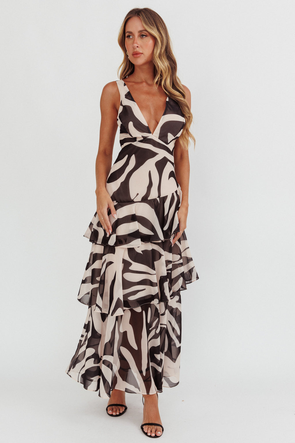 Veda Strappy Back Ruffle Maxi Dress Print Black by Selfie Leslie