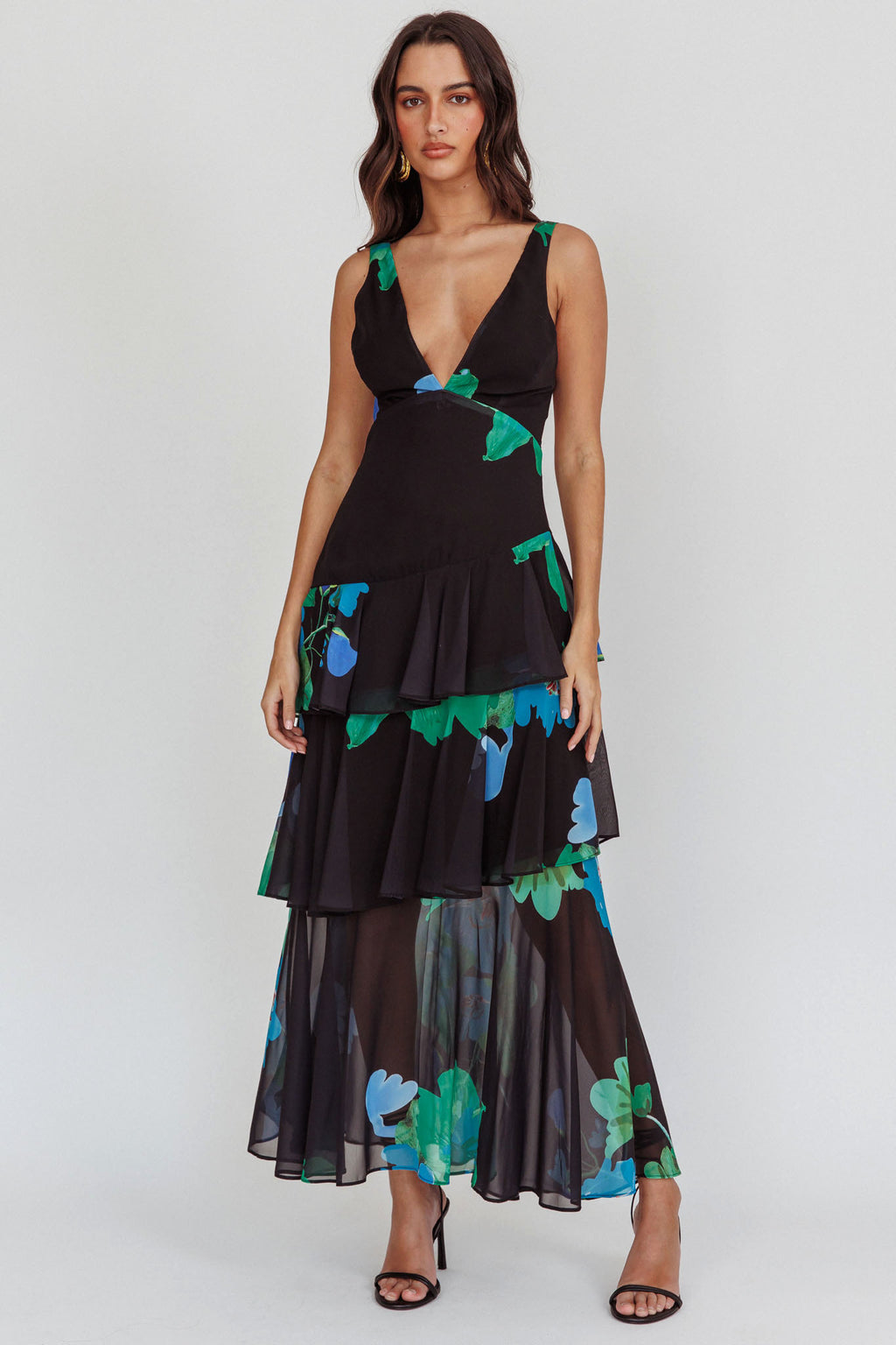 Veda Strappy Back Ruffle Maxi Dress Black by Selfie Leslie