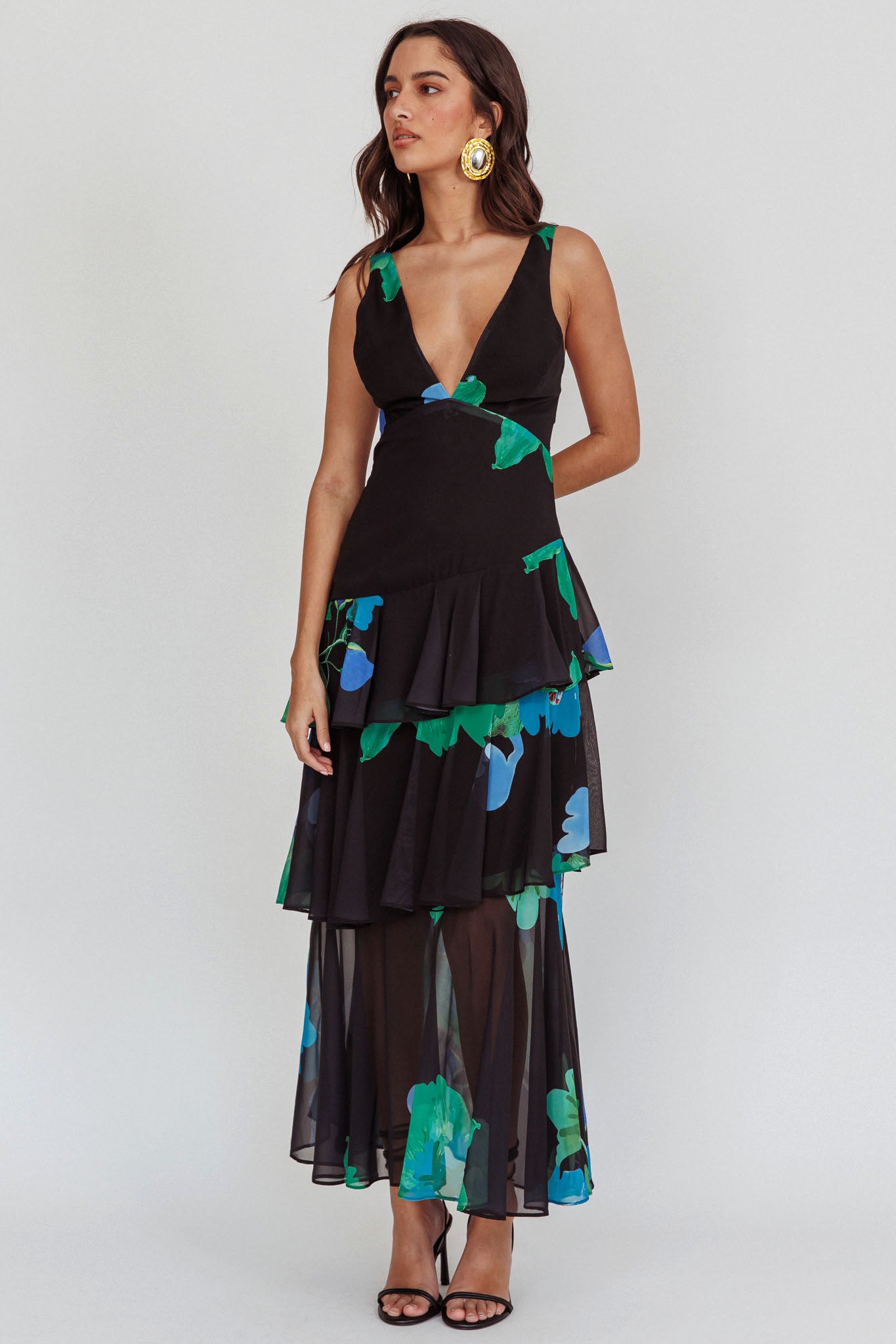 Veda Strappy Back Ruffle Maxi Dress Black by Selfie Leslie