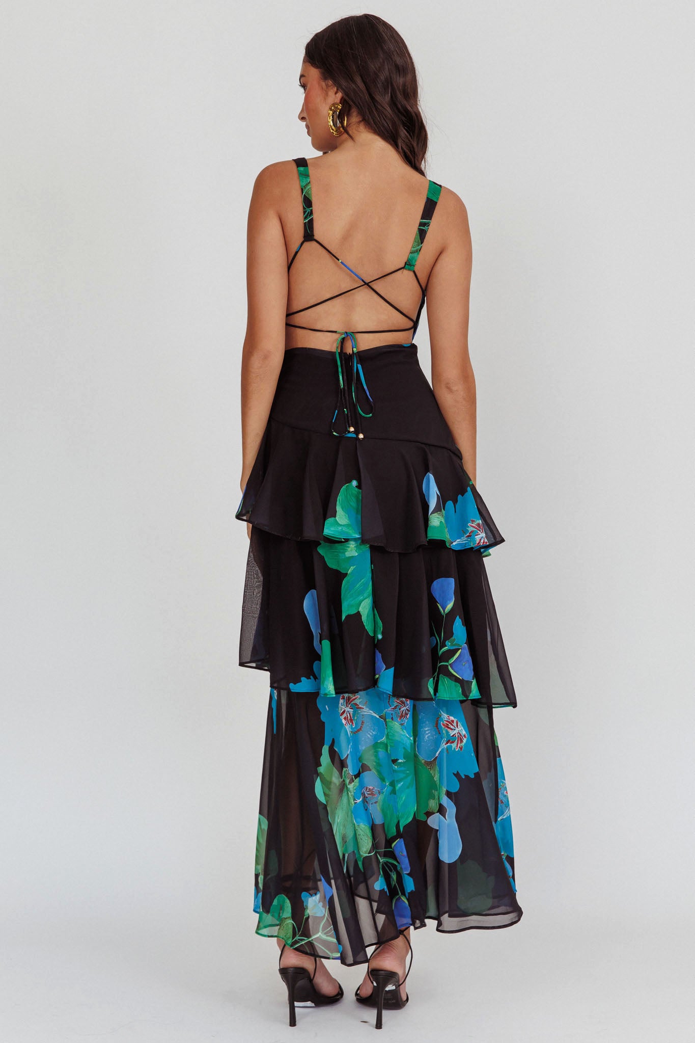 Veda Strappy Back Ruffle Maxi Dress Black by Selfie Leslie