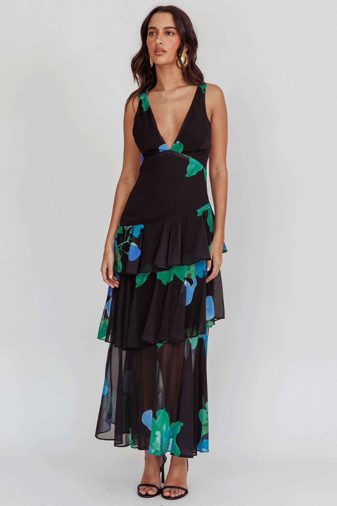Veda Strappy Back Ruffle Maxi Dress Black by Selfie Leslie