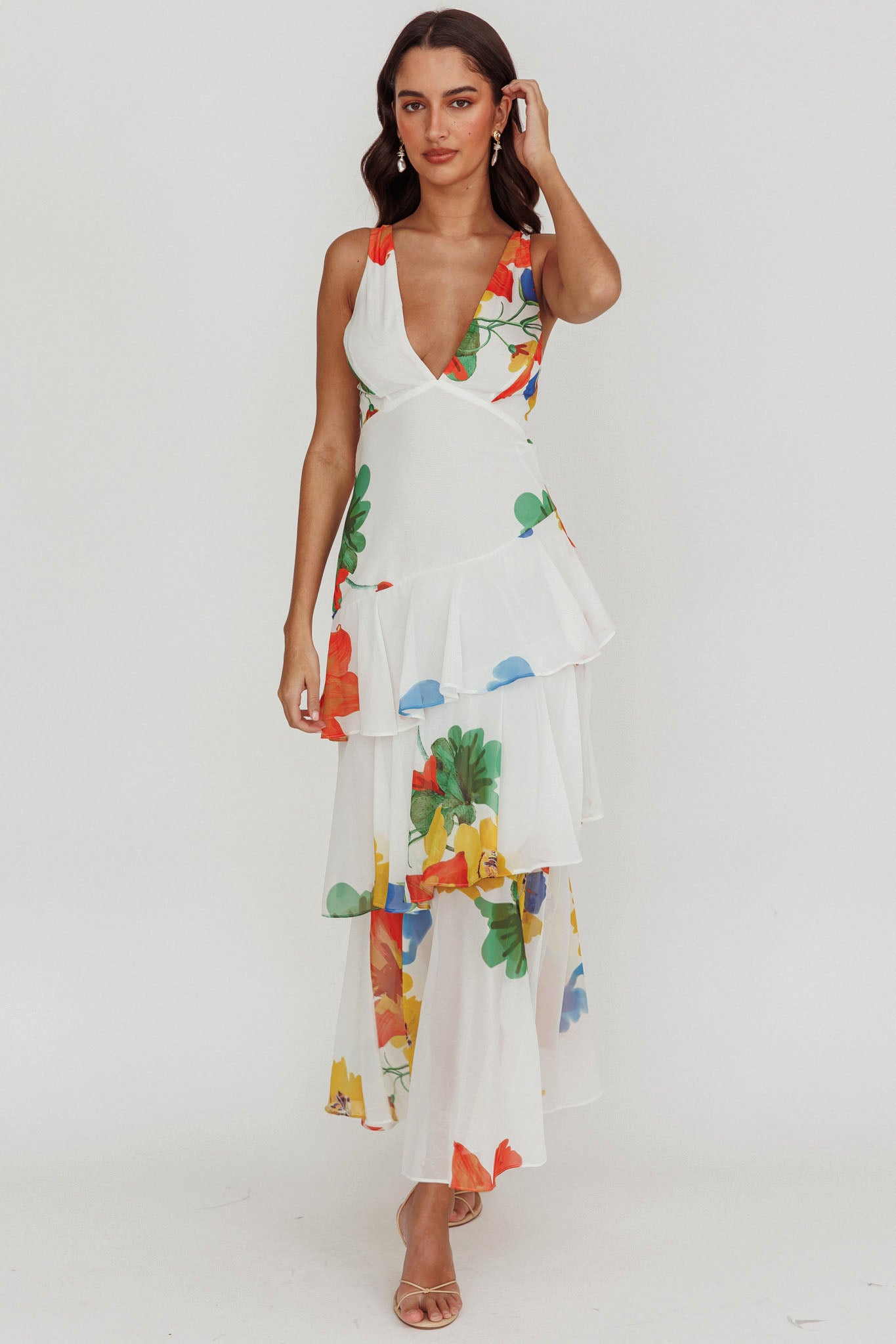 Veda Strappy Back Ruffle Maxi Dress White by Selfie Leslie