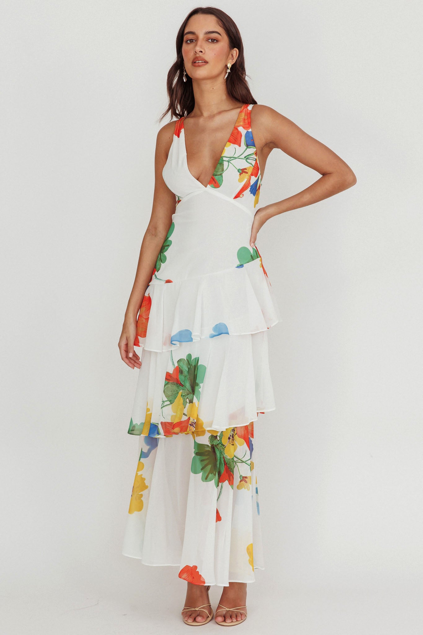 veda strappy back ruffle midi dress floral Veda Strappy Back Ruffle Maxi Dress White