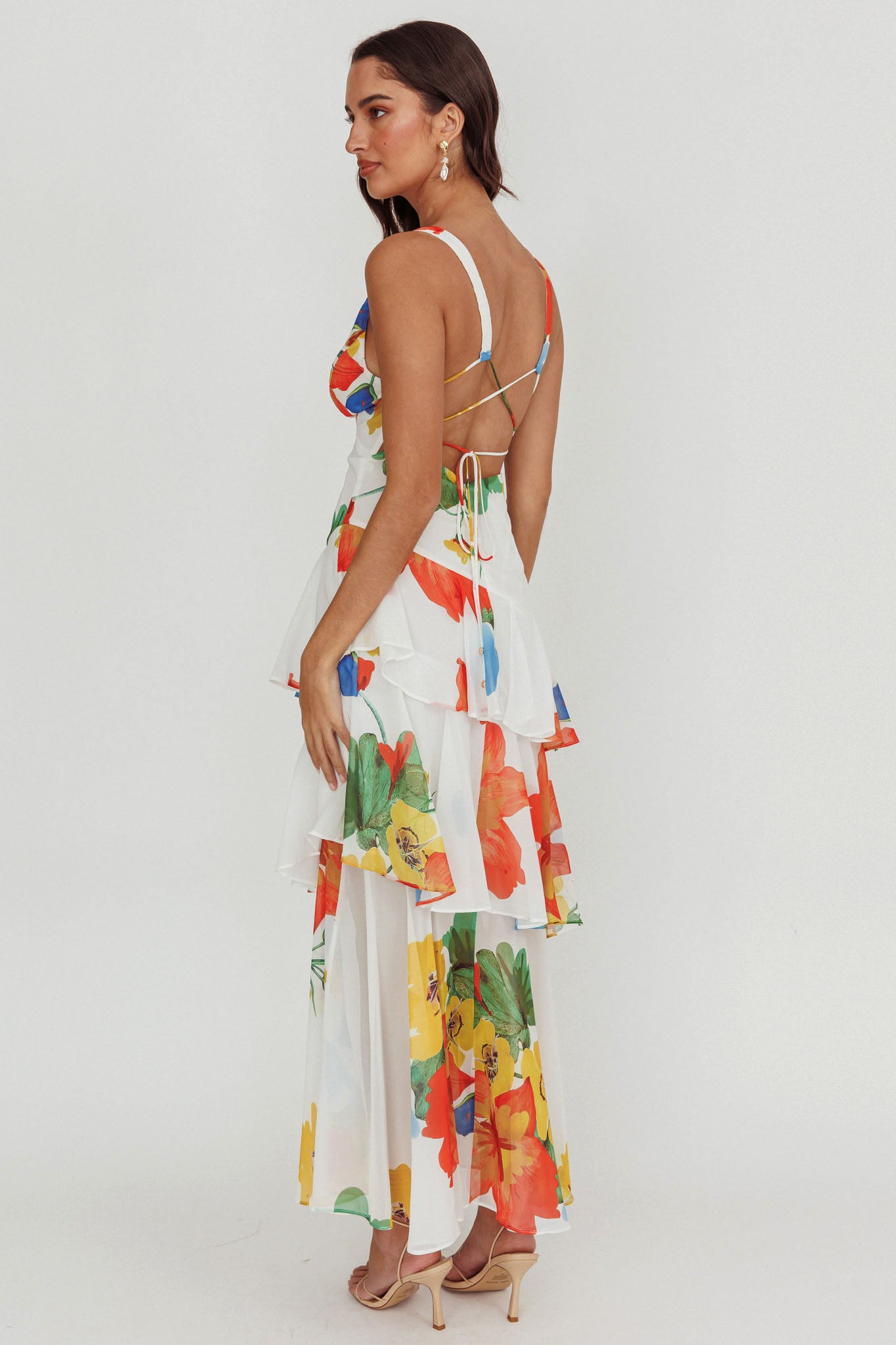 veda strappy back ruffle midi dress floral red Veda Strappy Back Ruffle Maxi Dress White
