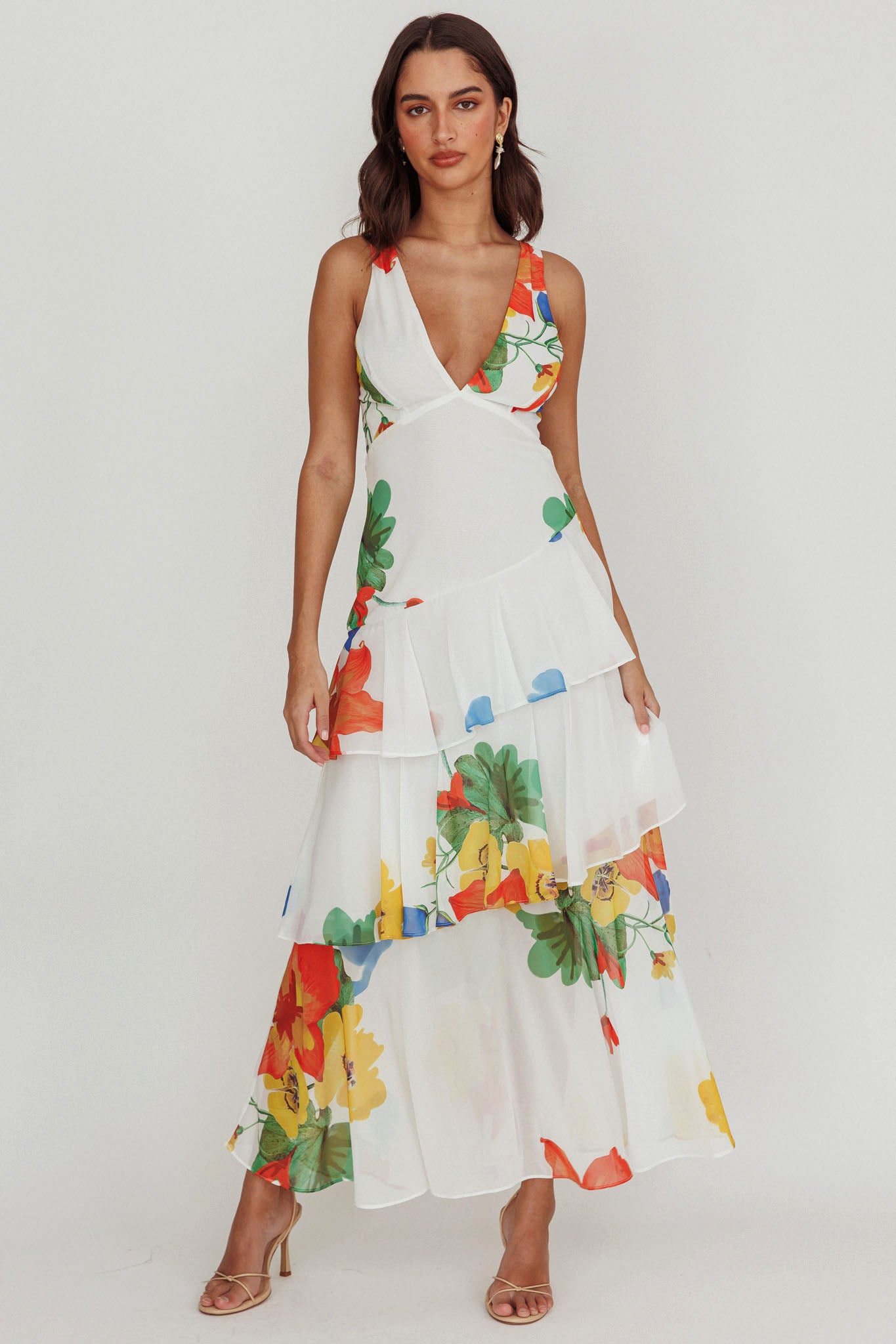 veda strappy back ruffle midi dress Veda Strappy Back Ruffle Maxi Dress White