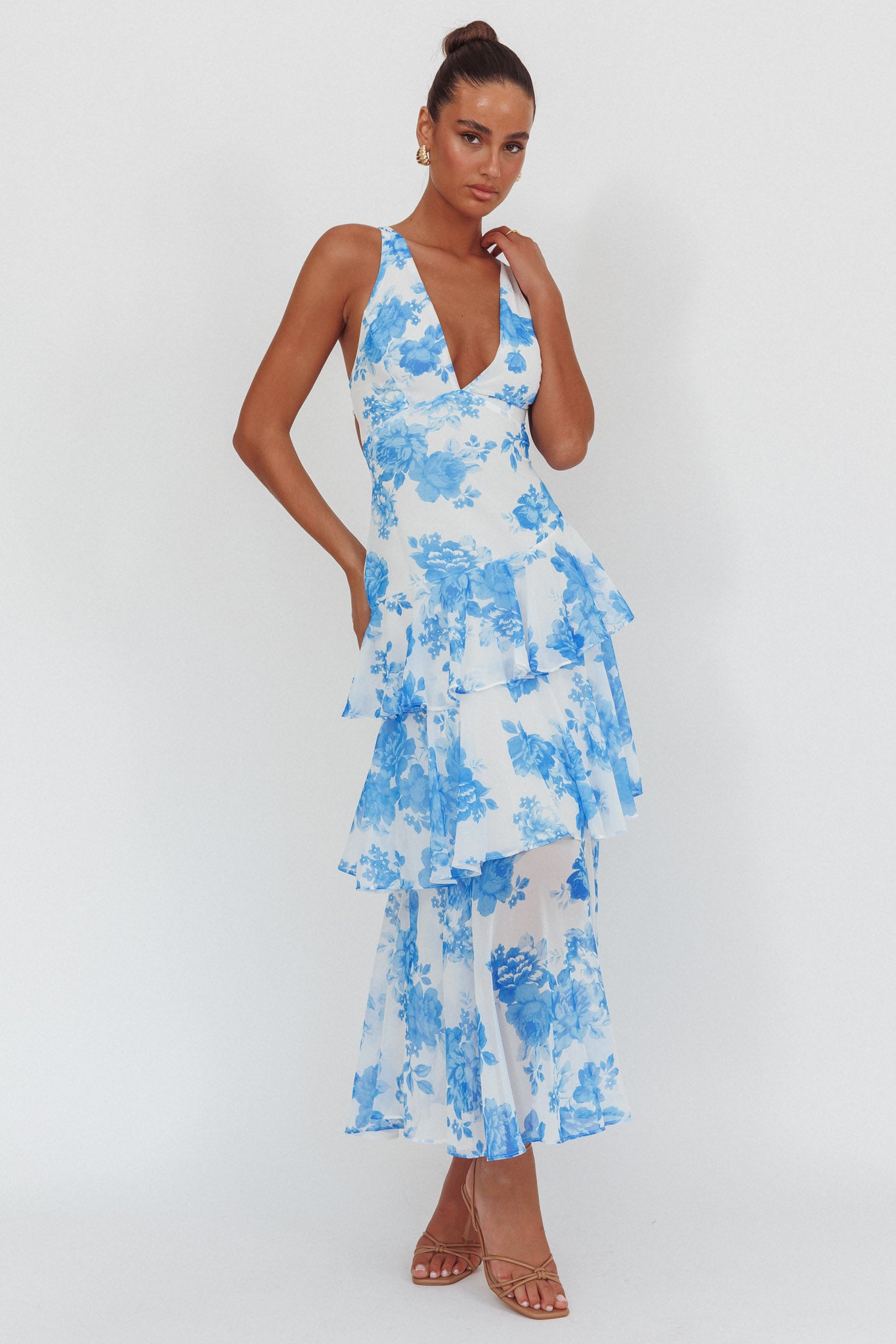 Shop the Veda Strappy Back Ruffle Maxi Dress Roses Blue
