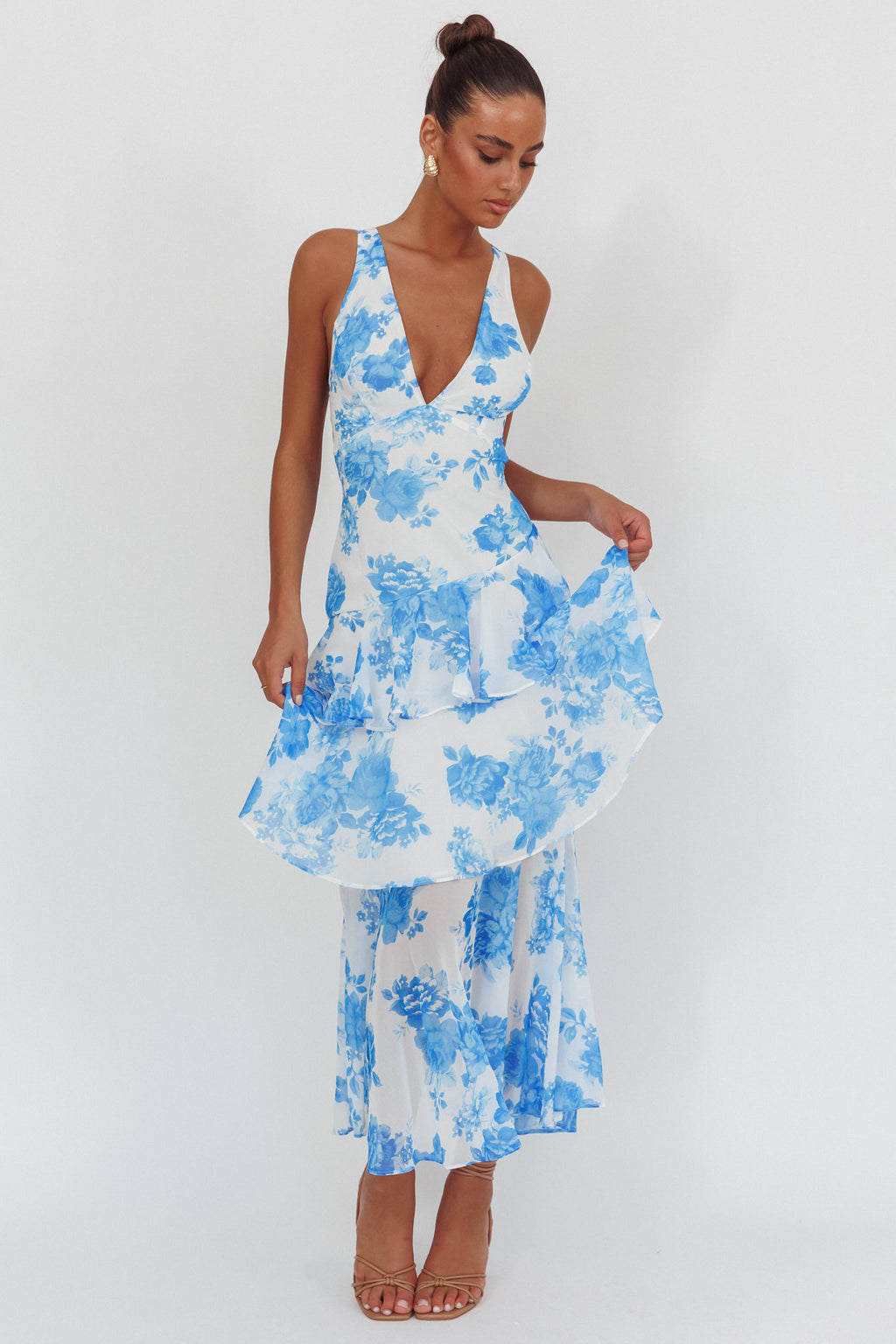 Veda Strappy Back Ruffle Maxi Dress Roses Blue by Selfie Leslie