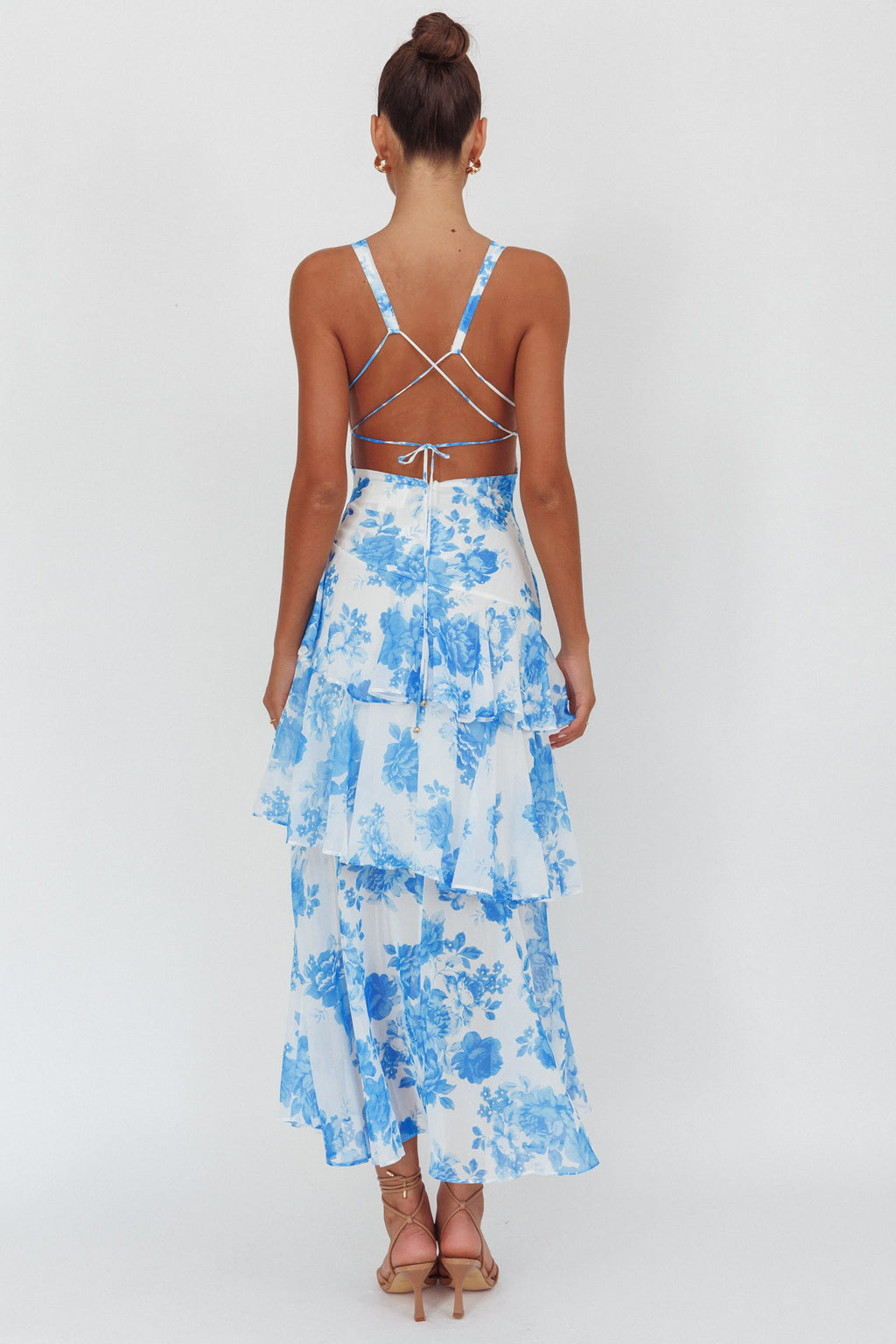 Veda Strappy Back Ruffle Maxi Dress Roses Blue by Selfie Leslie