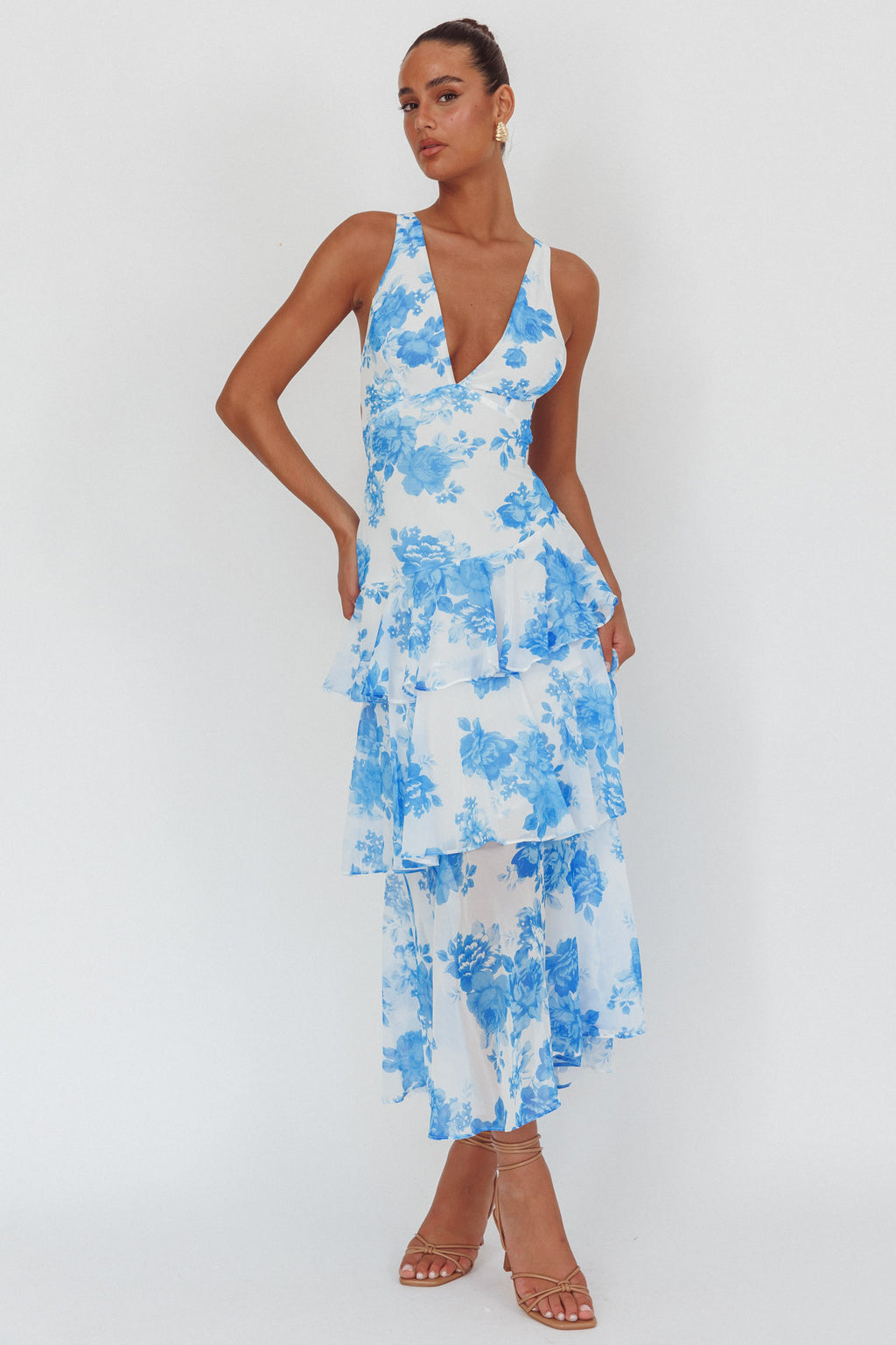 Veda Strappy Back Ruffle Maxi Dress Roses Blue by Selfie Leslie